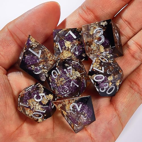 Miniatura 5 de Joylord Juego de dados de resina de borde afilado para Calabozos y Dragones, núcleo líquido y diseño de lámina dorada, dados poliédricos DND hechos