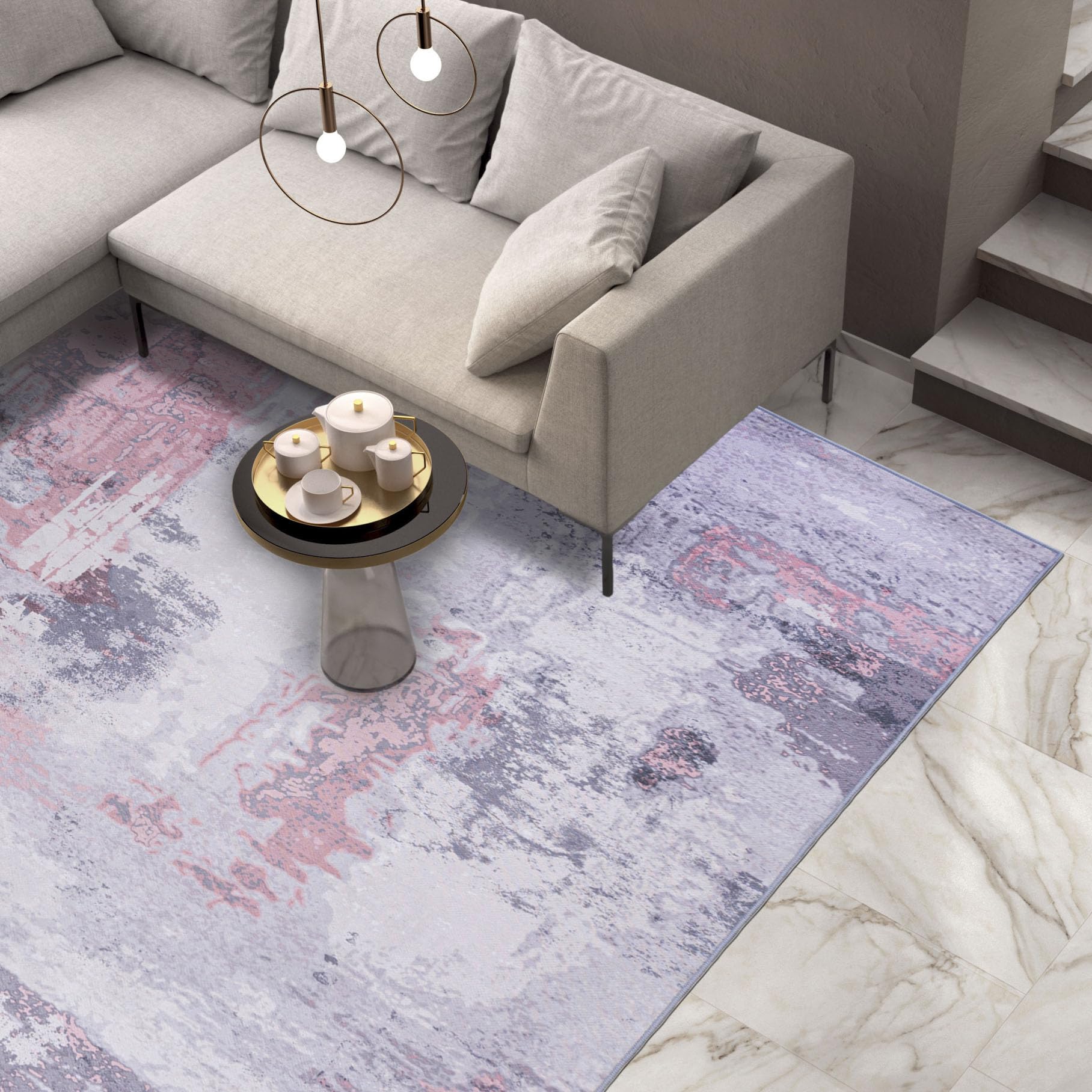 Mazovia Alfombra Salón 80x150cm Crema Rosa Abstracto con Estilo Pelo Corto