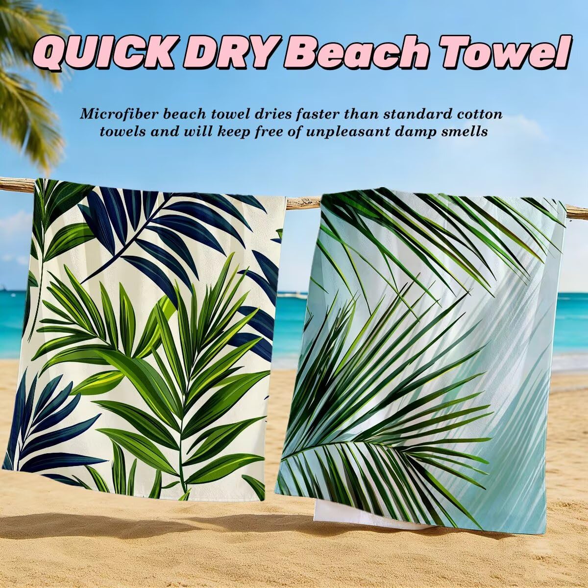 Toalla Playa 100x220 cm, Toalla Gimnasio Microfibra Secado Rapido, Juego de 2 Antiarena Toallas de Playa, Ligera Compacta Toallas Microfibra Grande para Viaje, Regalo Hombre Regalo Mujer (Hoja) -5003