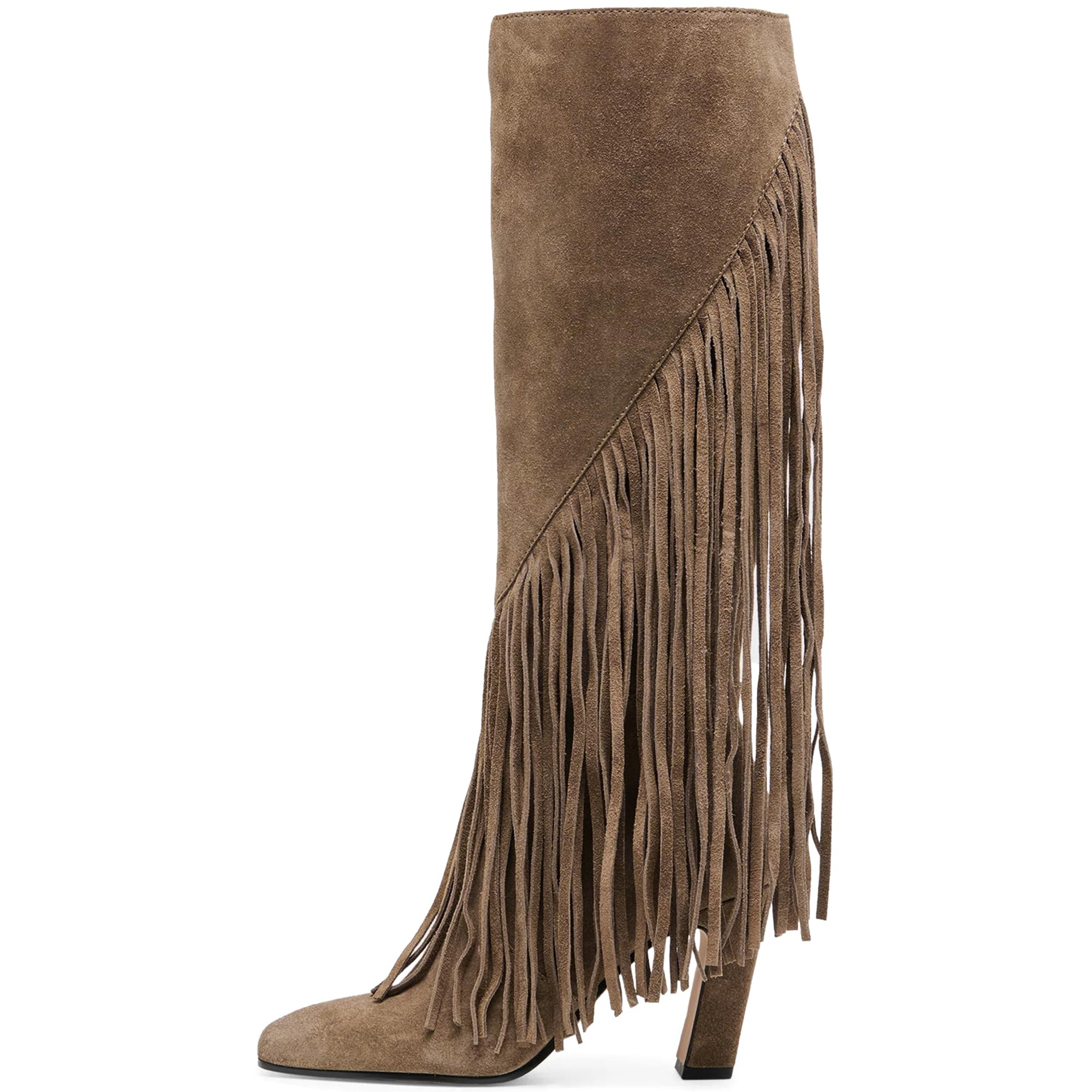 Lovee Cosee Suede Knee High Boots for Women with Tassels Chunky Block Heel Square Toe Full Zipper Fall