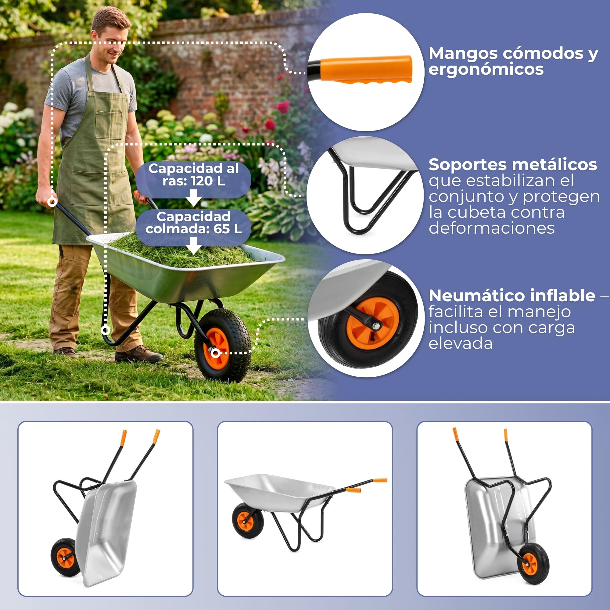 Springos Carretilla de 120 l con neumáticos de aire y bandeja de acero galvanizado, capacidad de carga de hasta 100 kg, para jardín, construcción, patio, taller, color plateado y naranja