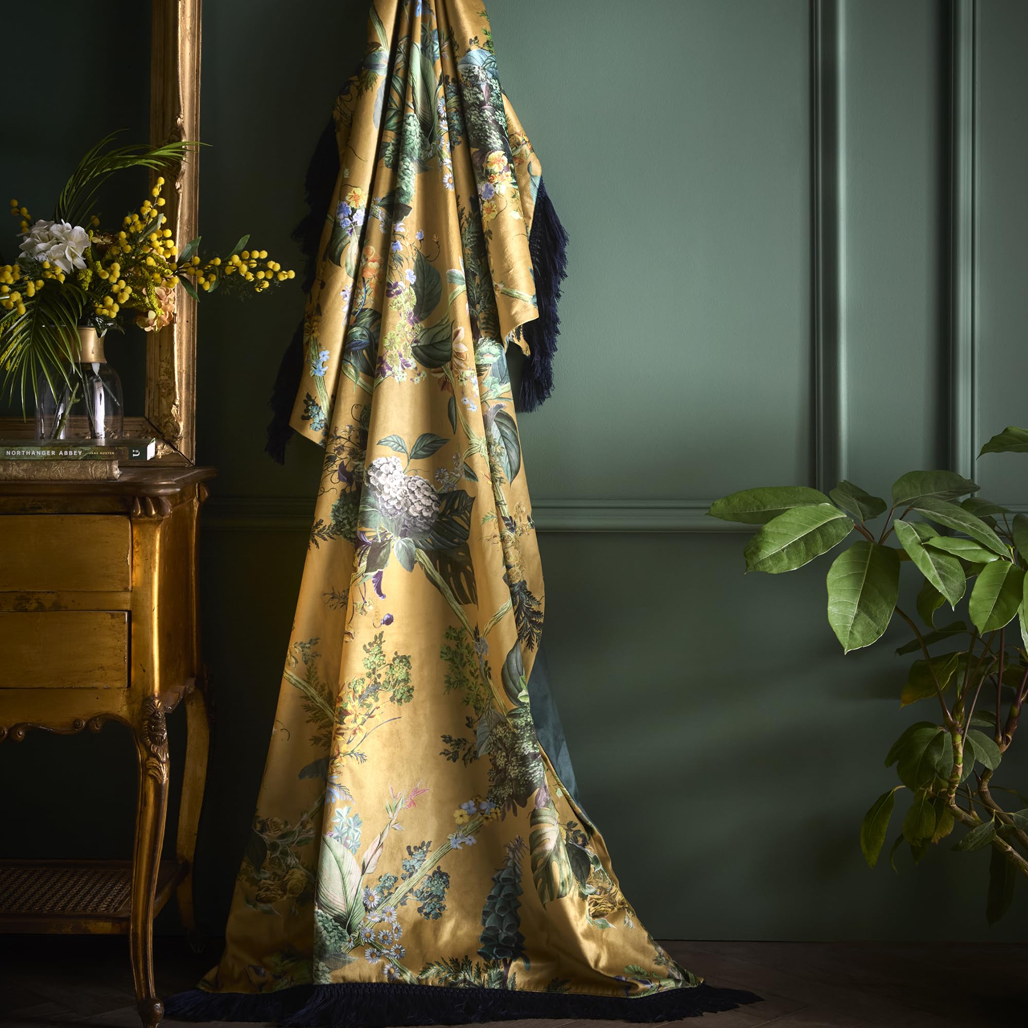 Laurence Llewelyn-Bowen Überwurf aus Polyester-Samt, goldfarben, 130 x 180 cm, wendbar, für Erwachsene, Blumenmuster, Gold