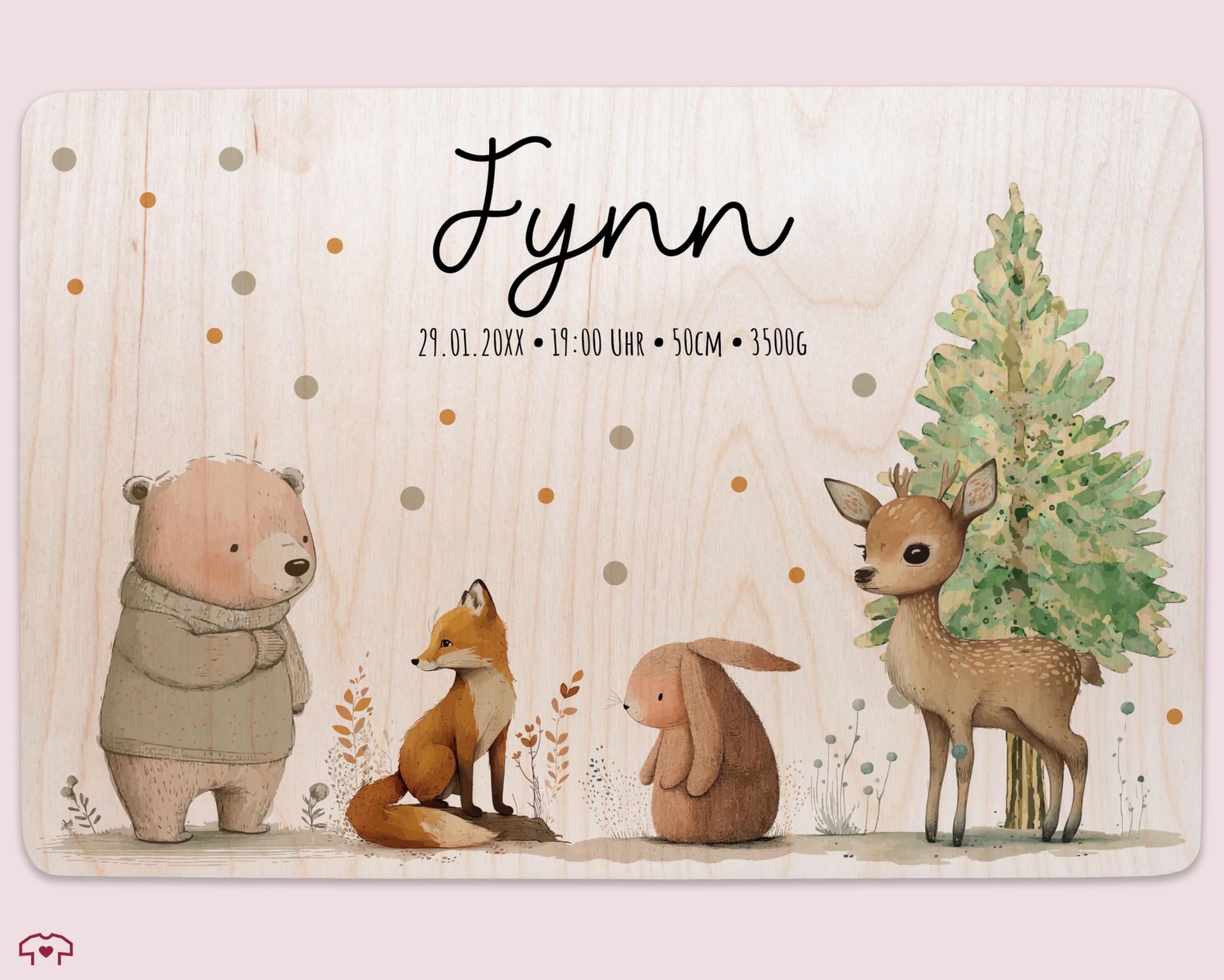 Holz Geschenkbox - Tiere - Baby Geschenk Erinnerungsbox Waldtiere | Holzkiste zur Geburt personalisiert mit Name Datum Größe Uhrzeit - 30 x 20 x 14 - Holz - originelle geschenke für babys