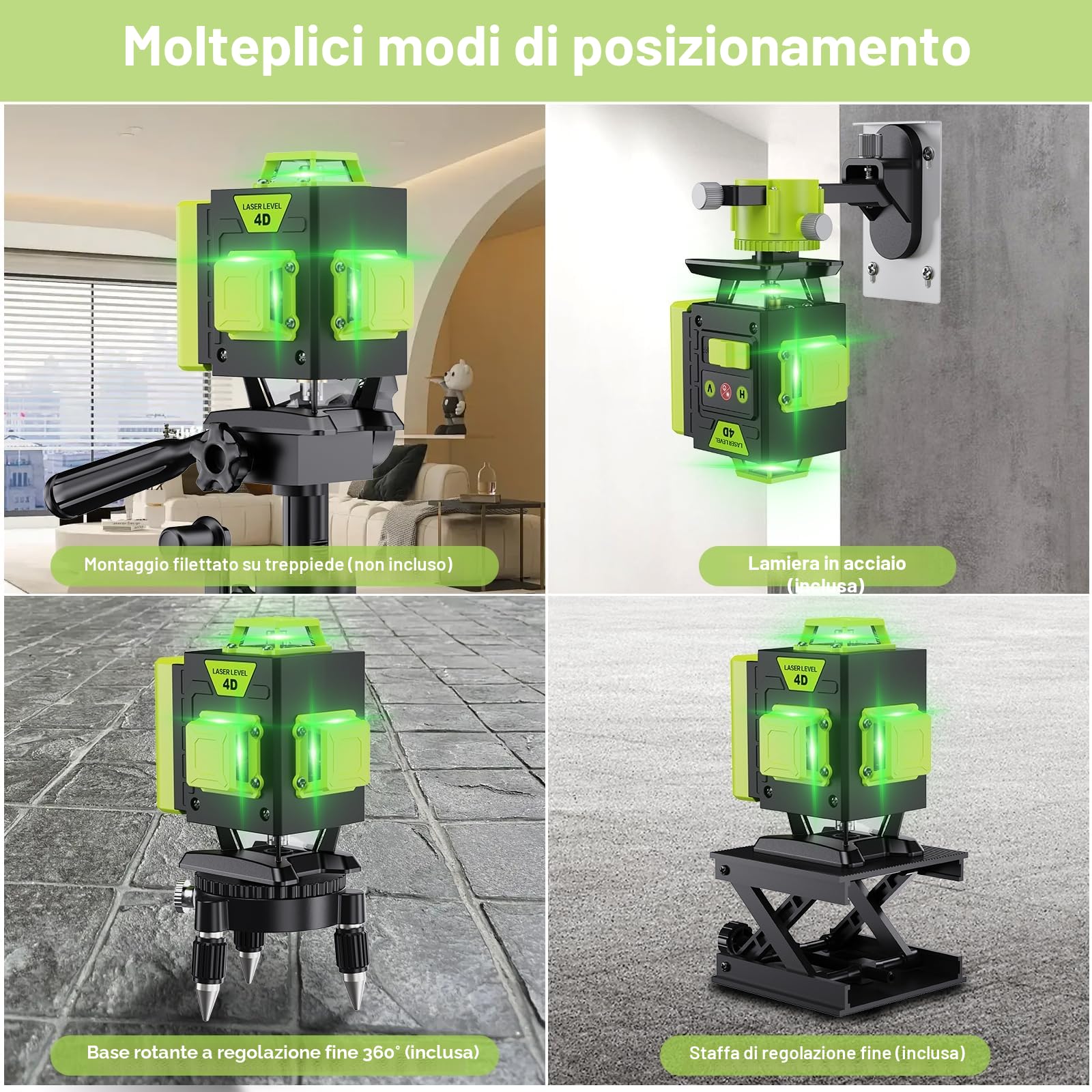 Livella Laser Autolivellante 16 Linee, 4 X 360 °Livello Laser Autolivellante Verde, 2 x Batterie, Autolivellante, Supporto rotante, Telecomando Cabina di rilevamento
