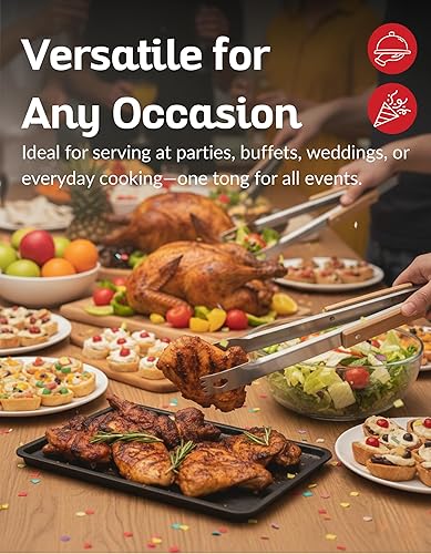 Miniatura 4 de Pinzas para servir de acero inoxidable de 13.5 pulgadas con mango de madera, diseño elegante para hielo, barbacoa, ensalada o bufé, pinzas de cocina