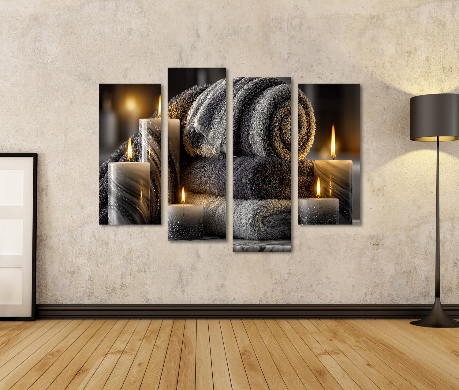 islandburner Cuadro sobre lienzo relajante spa velas y toallas mural mural baño decoración para los amantes del bienestar – 4 piezas
