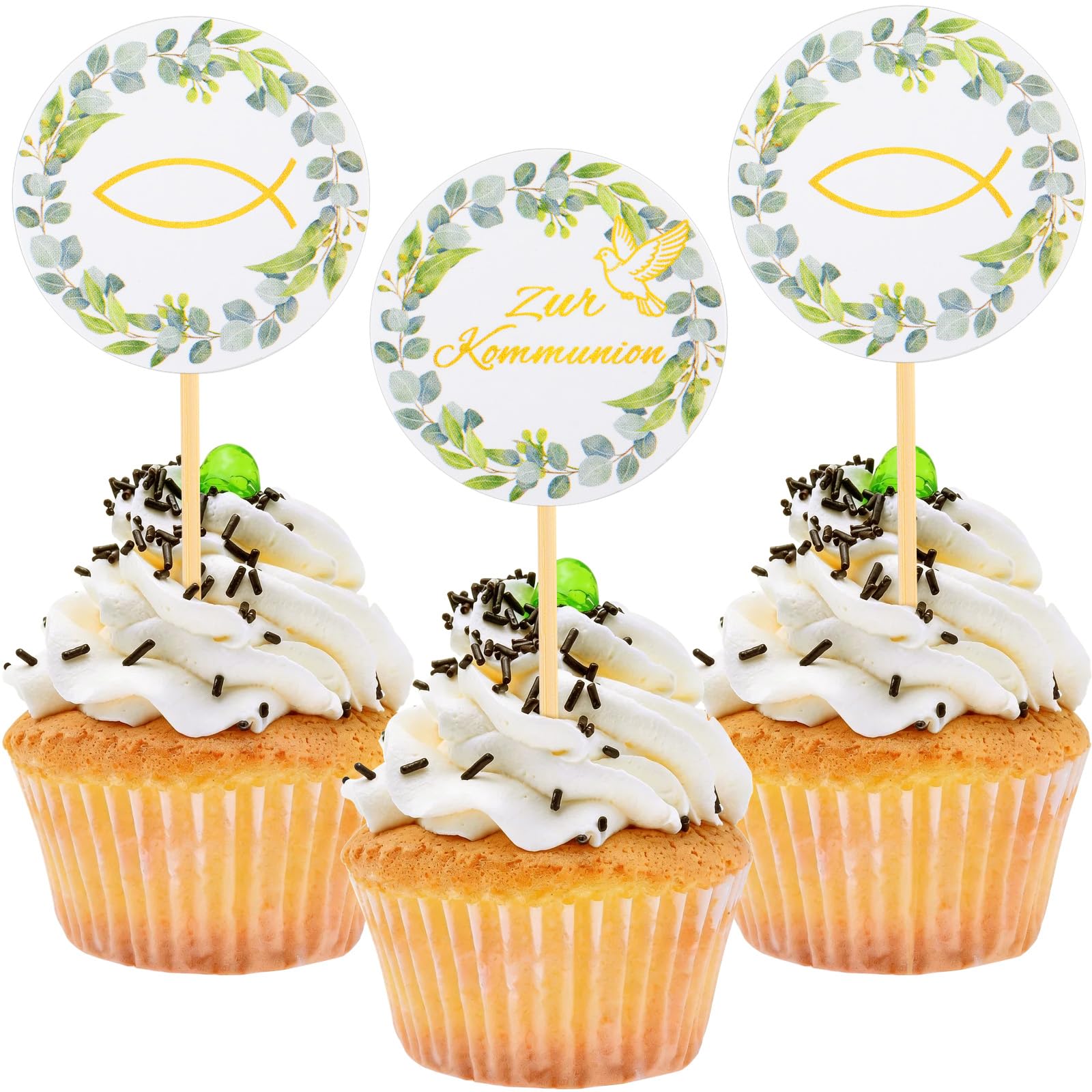 Bomtop Tortendeko Kommunion, 24 Stück Cake Topper Kommunion, Fisch Eukalyptus Cake Torte Deko, Tortenaufleger Kommunionen Junge Mädchen zur Taufe Erstkommunion, Kommunionsgeschenke Party Dekoration