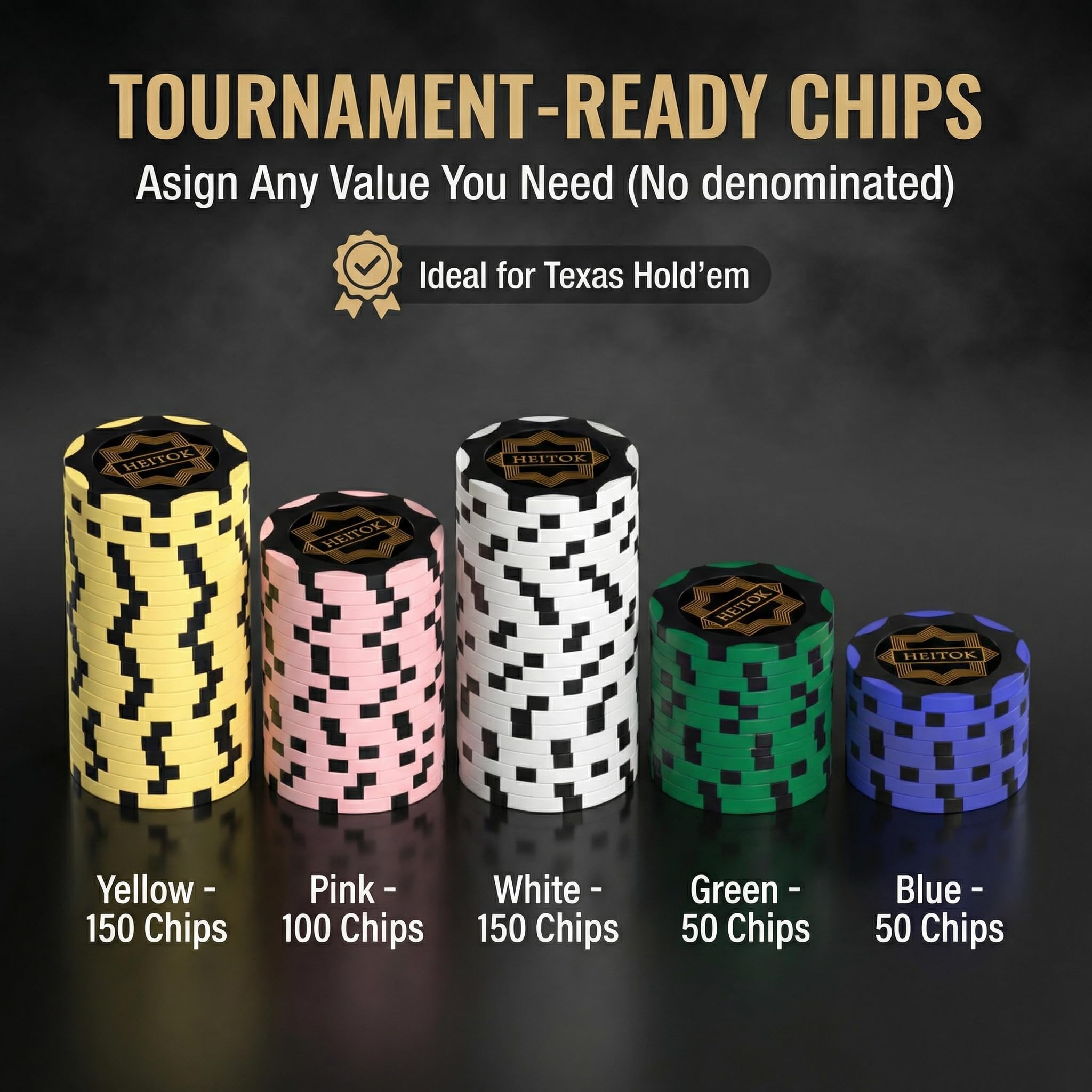 HEITOK Pokerchips-Set aus Ton 300 Stück – 14g Leere Chips mit Premium-Tragetasche für Texas Holdem - 3
