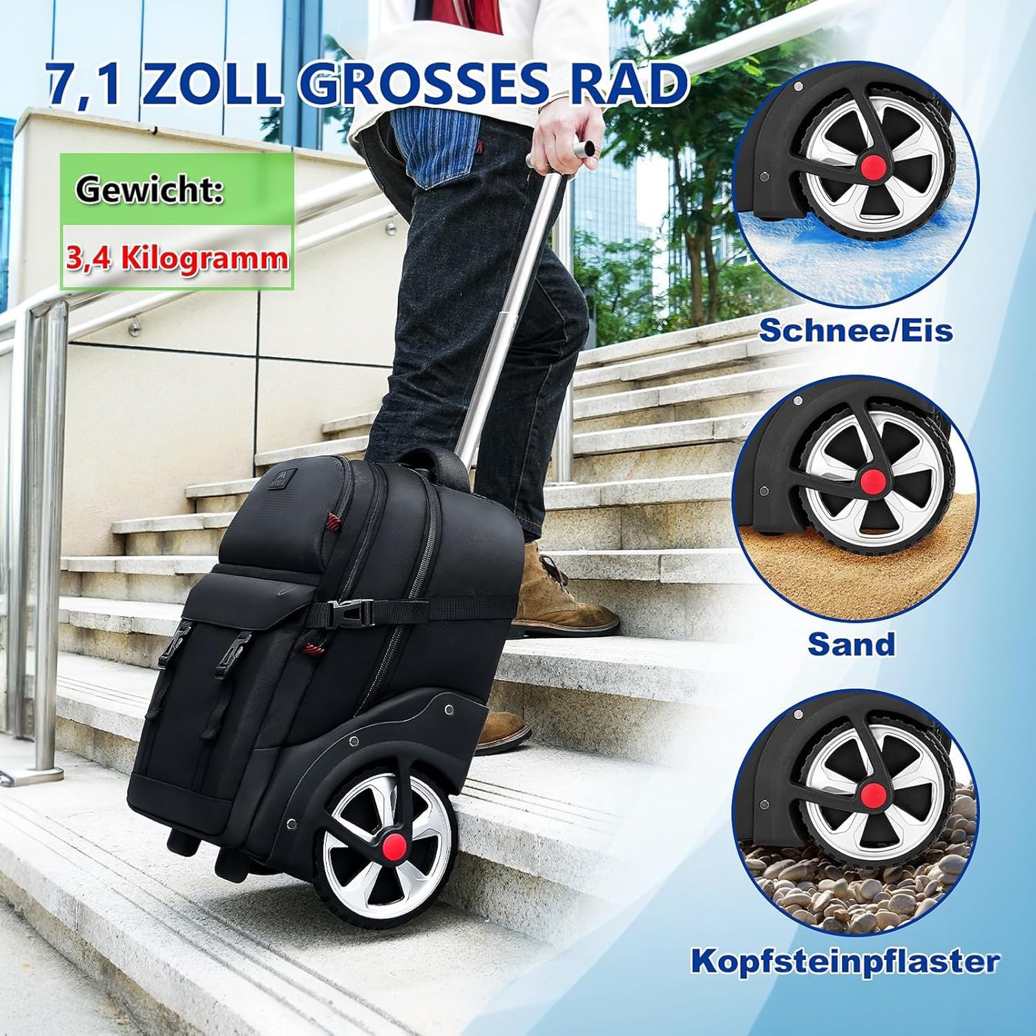 MATEIN Trolley Rucksack mit Rollen, 17,3 Zoll Trolley Rucksack mit Groß Rädern, 50L Reiserucksack mit rollen,Kombinationsschloss, Wasserdichte für Arbeit Reise, Schwarz