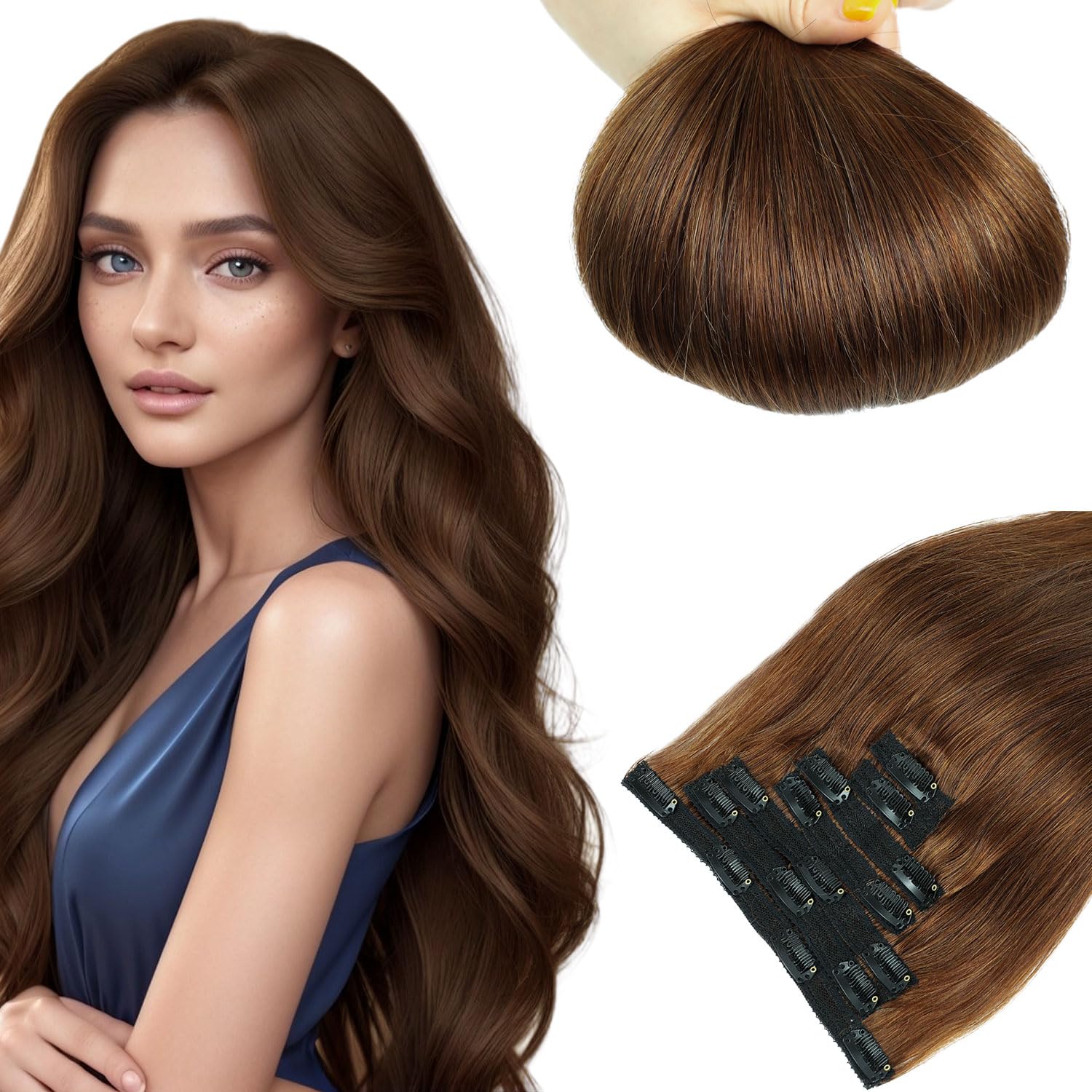 LieblichWelle Human Hair Extensions Clip in Hair Extensions Real Human Hair Brown 20 inch, 7pcs, 80g/Pack