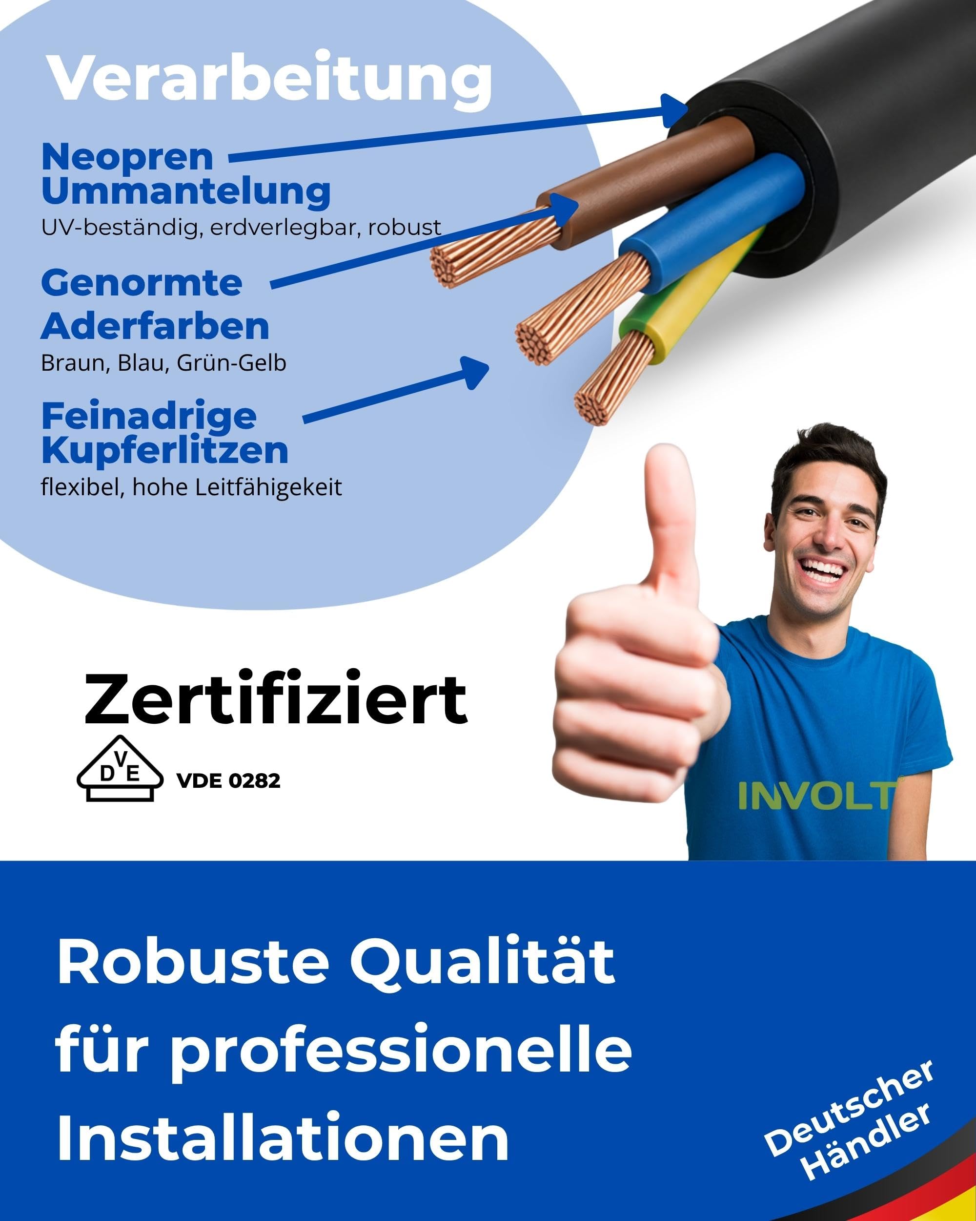 INVOLT 10m H07RN-F 3G1,5mm² CEE Verlängerungskabel, flexibel Gummikabel mit Schutzleiter, Außenbereich Baustellen, VDE Zertifiziert
