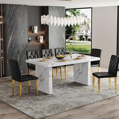 Miniatura 18 de Juego de mesa de comedor moderno para 6, juego de mesa de comedor blanco de 63 pulgadas para 6, tablero de mesa de cocina MDF con patrón de mármol y