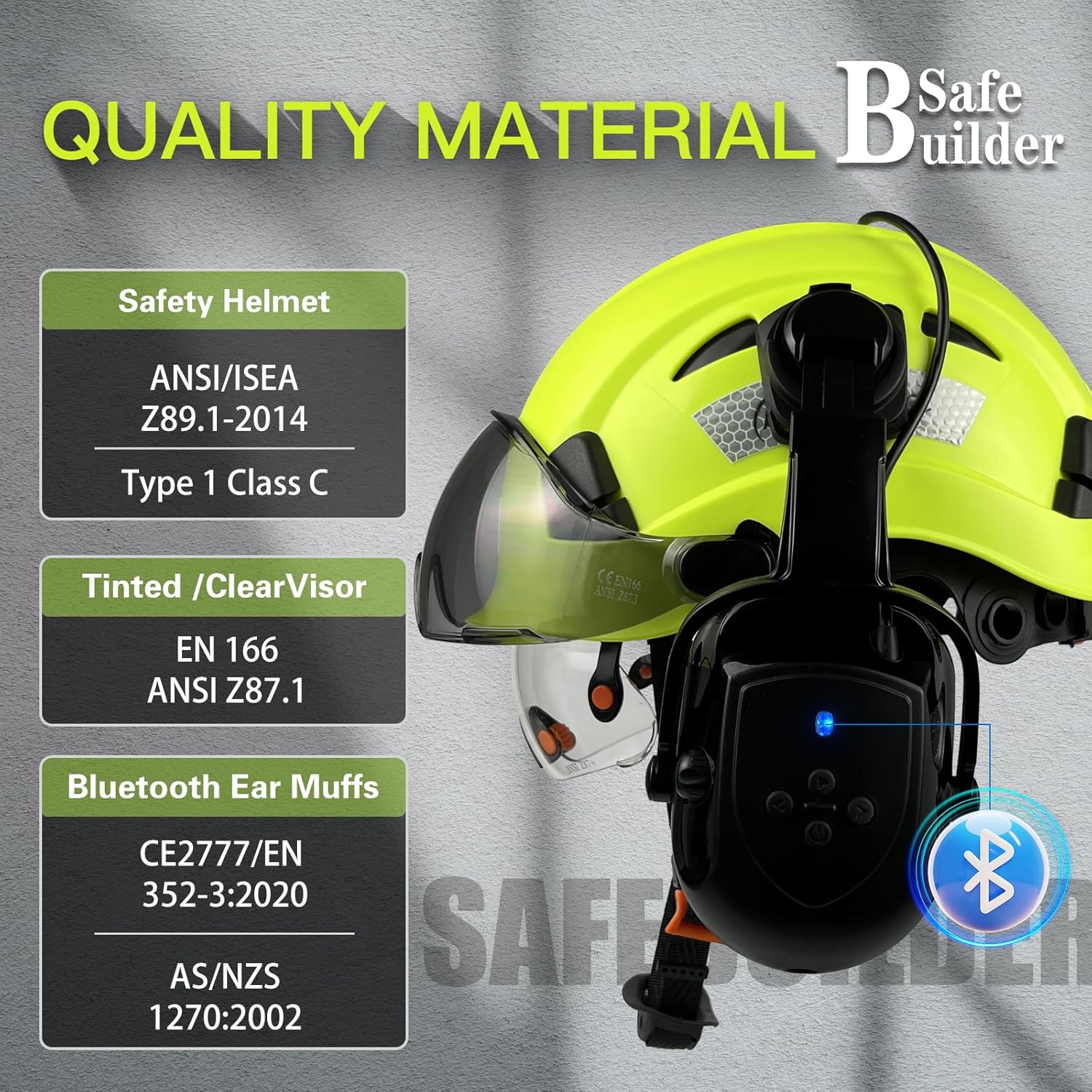 SAFEBUILDER Safety Helmet with Visor Bluetooth Ear Muffs SNR 26dB Hard Hat with Visors Mounted Ear muff Hardhats Vented ANSI Z89.1 OSHA