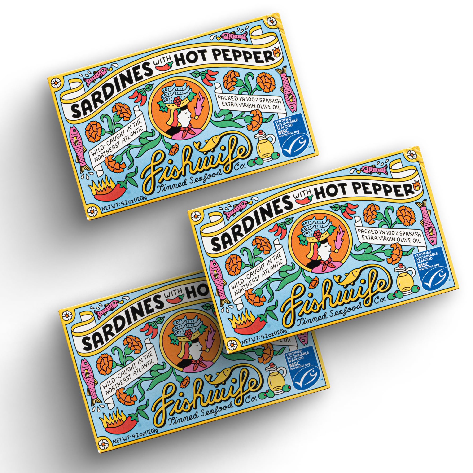FishwifeSardines with Hot Pepper 3-Pack (4.20 Ounce) | Wild-Caught & Hand-Packed with Spanish Extra Virgin Olive Oil | MSC-Certified Sustainable Seafood, High Protein, Gluten Free, Paleo Friendly, Keto Friendly, Omega-3s