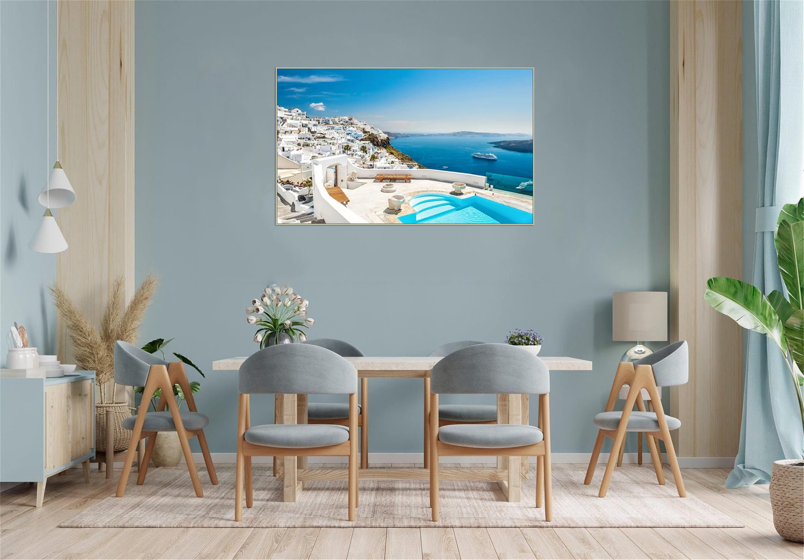 MUHJDYC Silber Rahmen-Meer Leinwandbilder Kunstdruck-Weiße Gebäude Ozean-Natur Bild auf Leinwand-Landschaftsbilder Wandbilder Wohnzimmer Deko 60x95cm