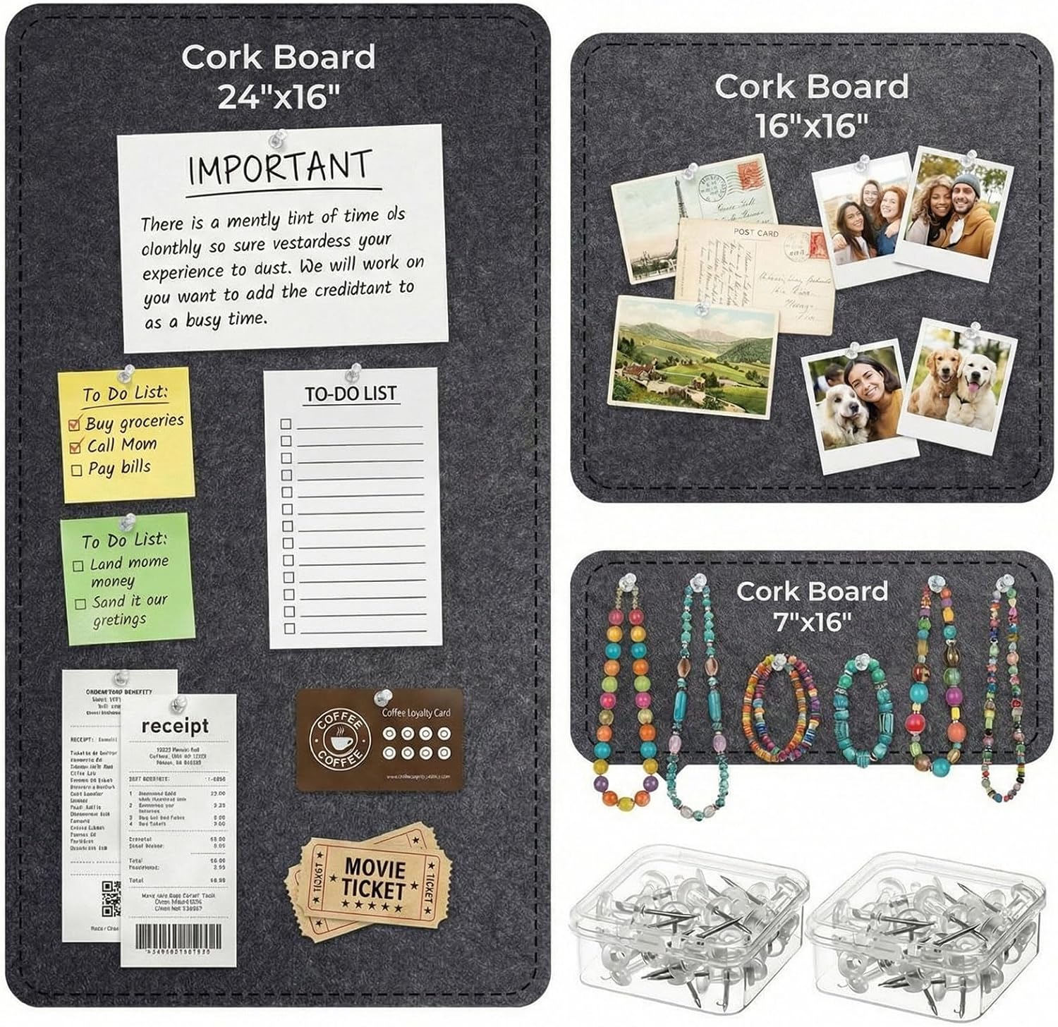 3 Pack Large Felt Bulletin Boards 24"/16"/7"x 16" Foldable Picture Vision Board for Office Wall Frameless Cork Board with 60 Push Pin for Home, Kitchen, Wall Pin Boards(Grey)