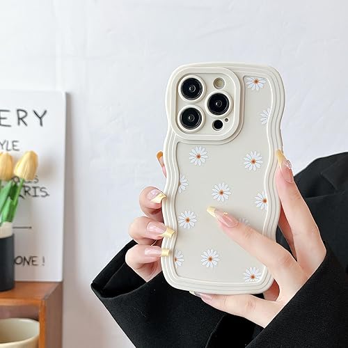 ZTOFERA Funda compatible con iPhone 15 Pro Max, marco único ondulado rizado con patrón de margaritas, silicona líquida suave antihuellas, a prueba