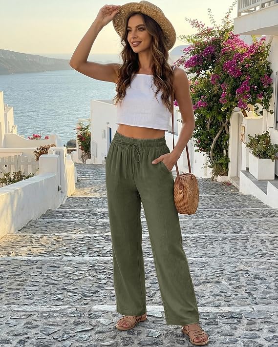 SEMARO Womens Casual Linen High Waist Pants Drawstring Loose Fit Summer Pants Trousers with Side Pockets