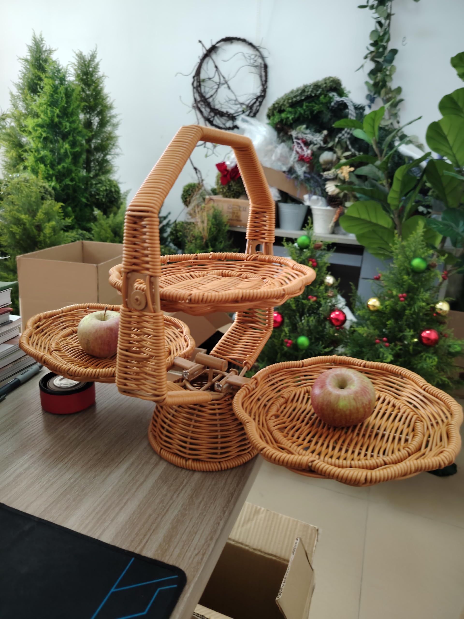 3-Tier Serving Tray for Birthday Party Entertaining Decorative Tiered Tray Decor Small Wicker Serving Platter Tray Foldable Serving Stand Rack for Fruit Dessert Bread Presentation