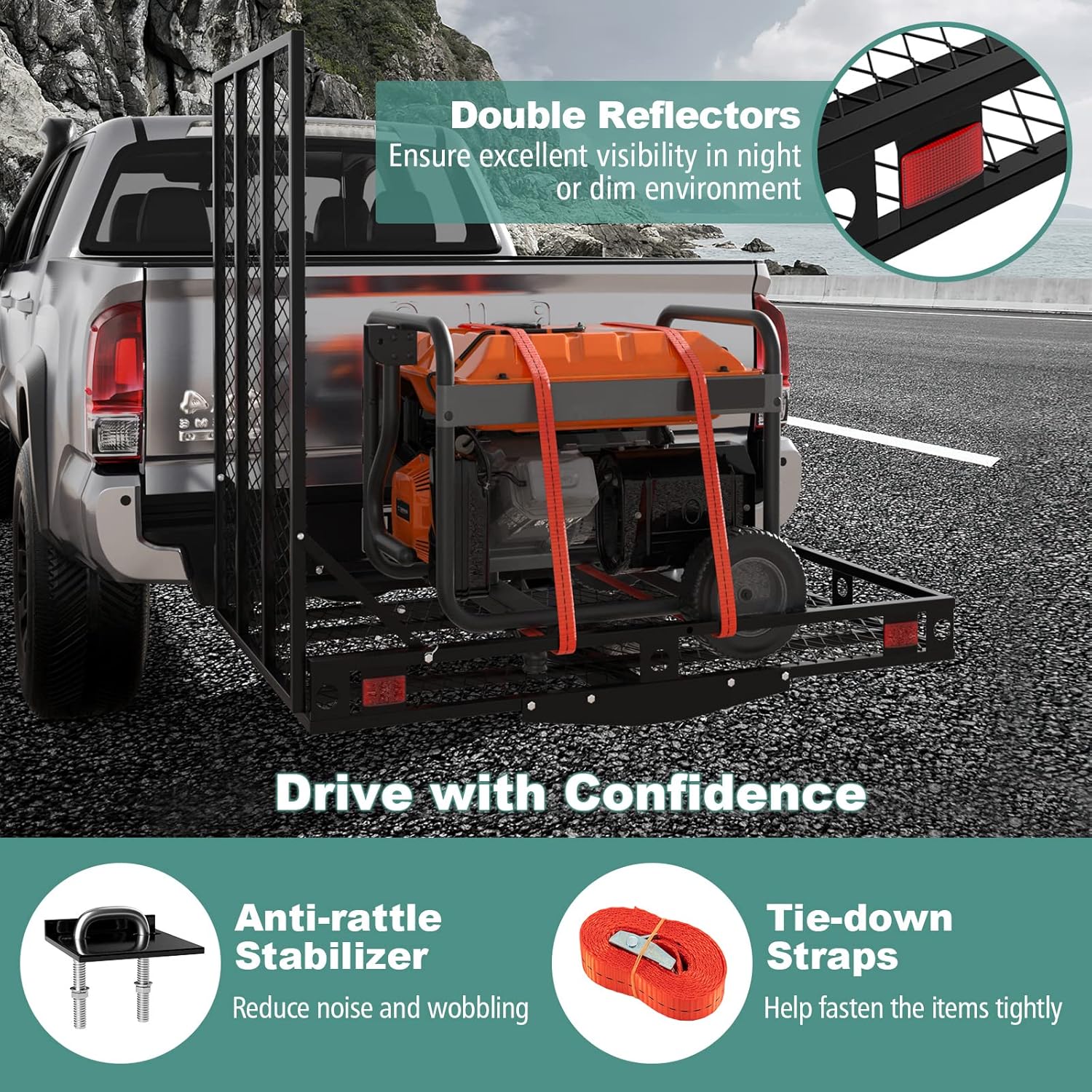 SAFSTAR Hitch Mount Cargo Carrier, 500 LBS Heavy-Duty Hitch Cargo Trailer W/Mobility Ramp, 2 Tie-Down Straps & Side Rails, Anti-Rattle Stabilizer, 48” x 27” Folding Cargo Carrier Basket, Black