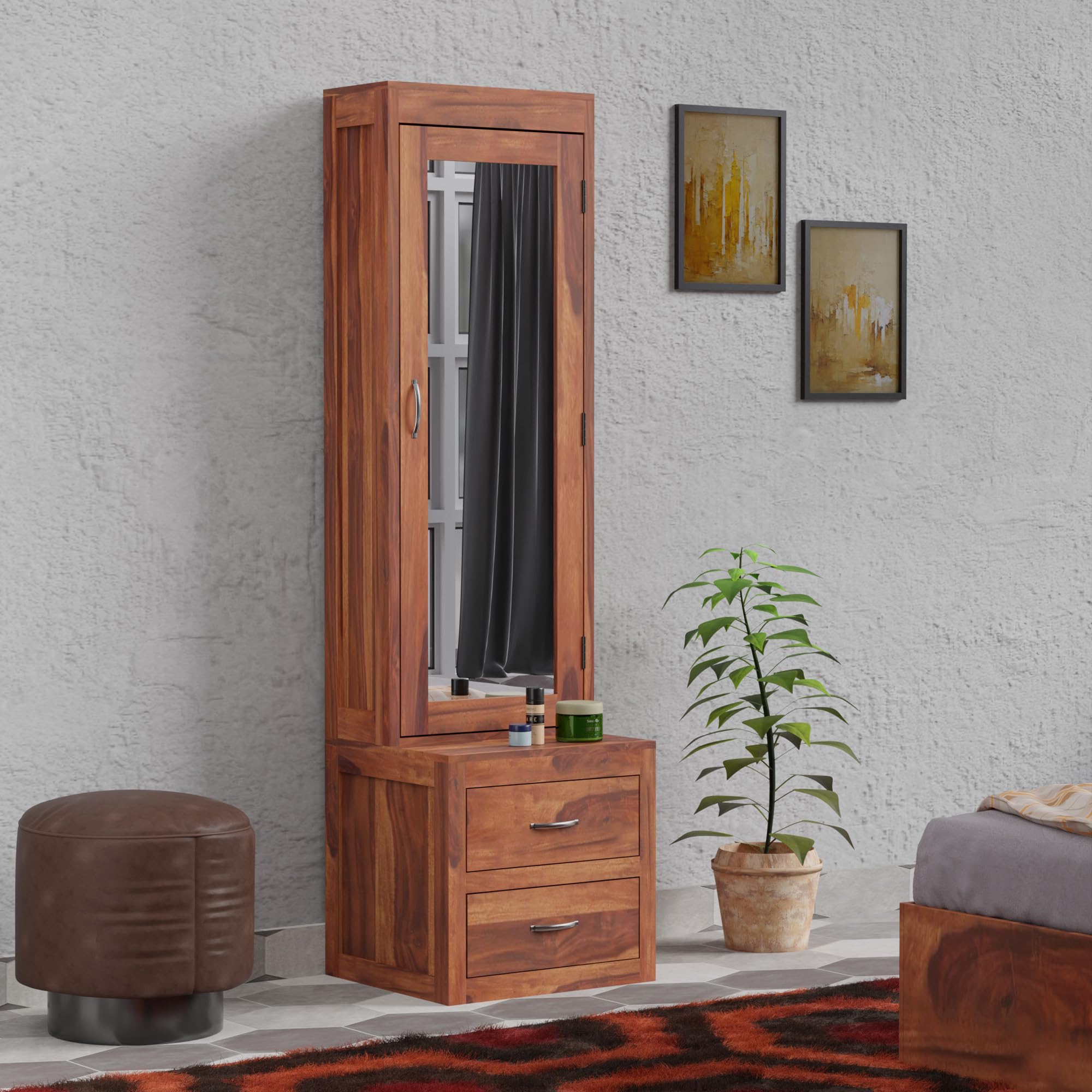 BANSHI WOOD FURNITURE Sheesham Wood Dressing Table with Door Storage Solid Wood Dressing Table (Natural Finish)-image-1