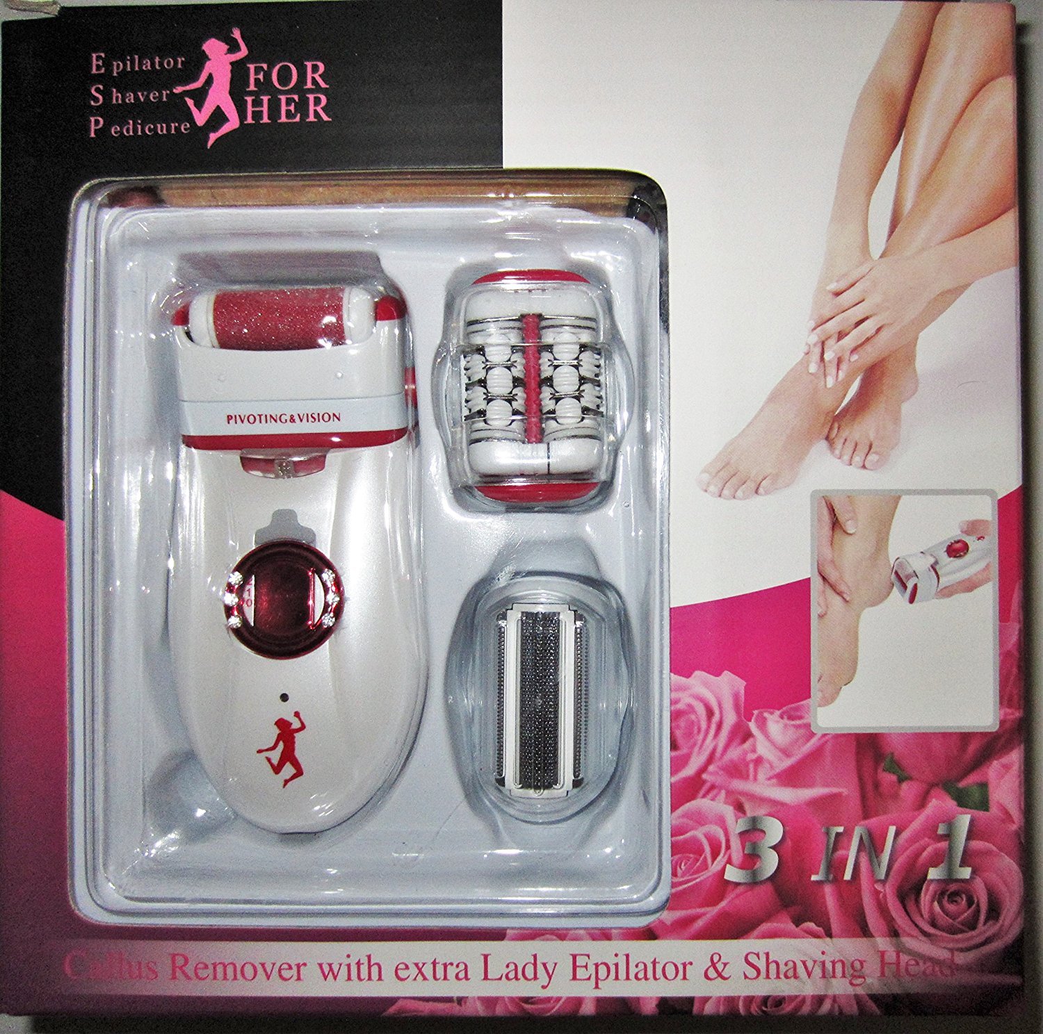 Epilator, Shaver, Pedicure (ESP) for Her | 3 in 1 Rechargeable Device with Built in Light Shaving Head for Spa Grade Treatment | Hair Removal Epilator, Cracked Heel Pedicure and Foot Callus Remover