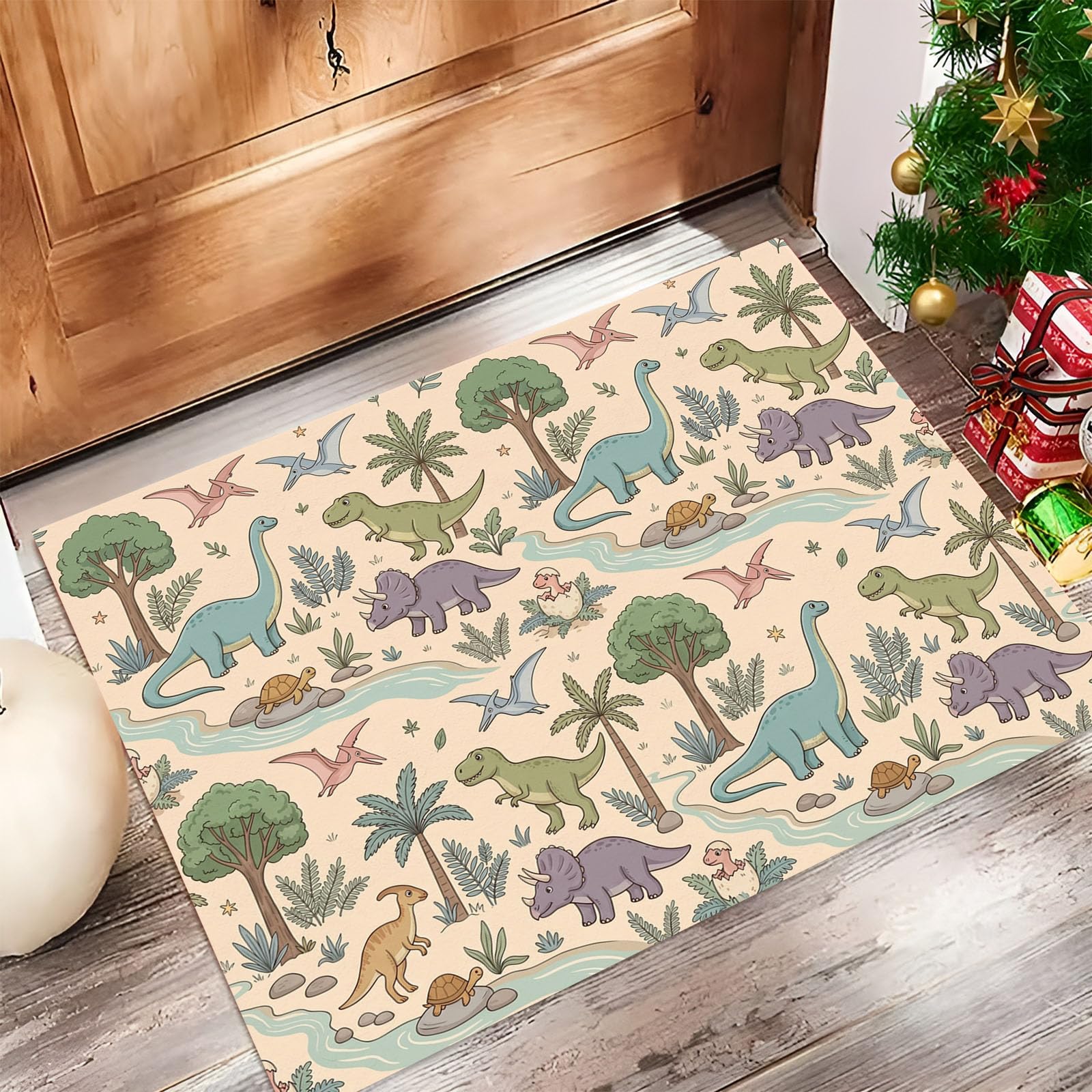 Felpudo Entrada Casa 80x120cm Alfombra Atrapapolvo Dinosaurios Del Bosque, Alfombrilla Pasillo Antideslizante Dibujos Animados Estilo Retro Tapete Absorbentes Lavable para una Entrada Limpia, Rosa