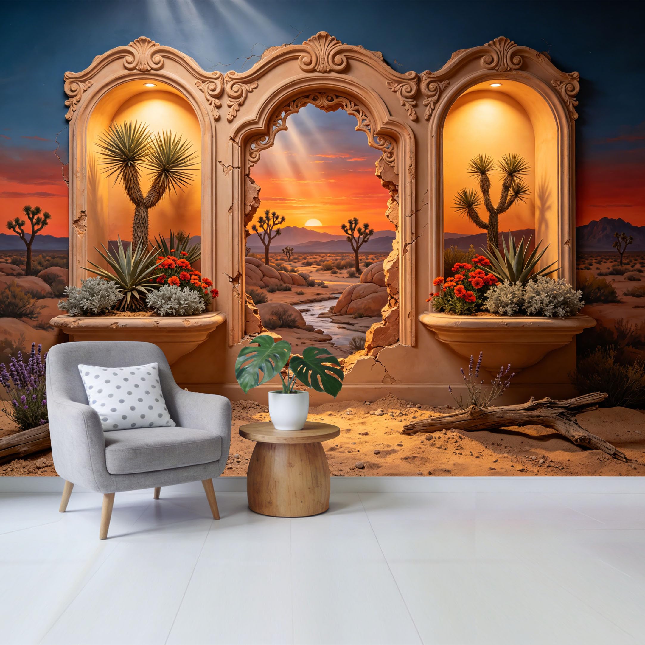 Custom Size Wall Mural Desert Sunset Landscape with Joshua Trees and Succulent Flowers 3D Trompe l’oeil Removable Self Adhesive Fabric Home Wall Decor for Living Room Bedroom Bathroom
