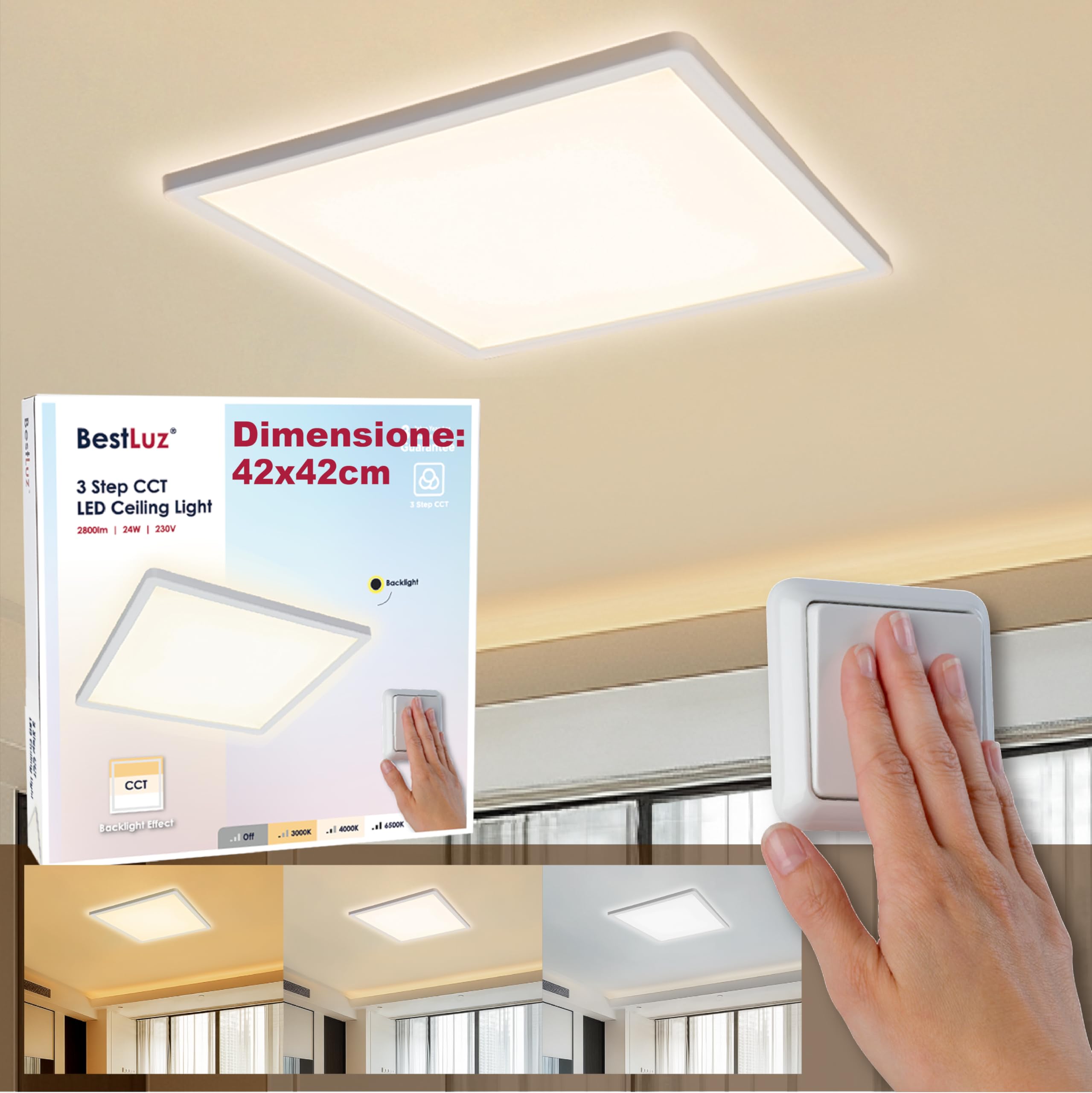 BestLuz LED Plafoniera, 3 Stadi 3000K/4000K/6500K 42x42 CM 24W 2800LM, Ultra Sottile, Bianco, Minimalista, per Soggiorno, Camera da letto, Bagno, Cucina