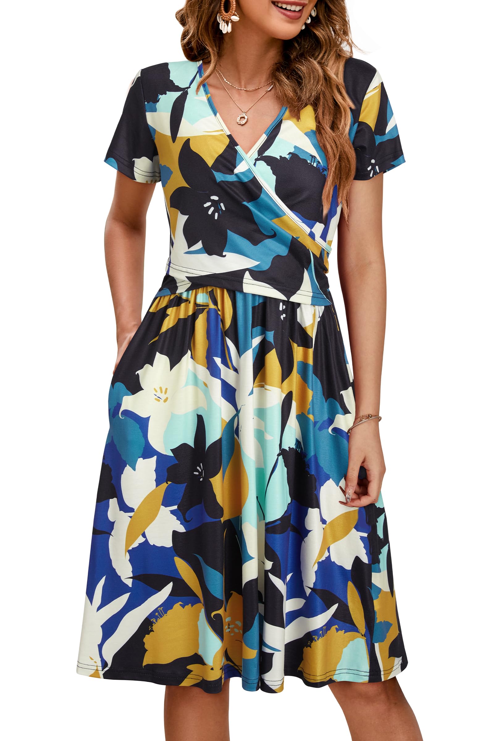 OUGES Women's 2025 Fashion V Neck Midi Dress with Pockets Maternity Clothes Nursing Dresses