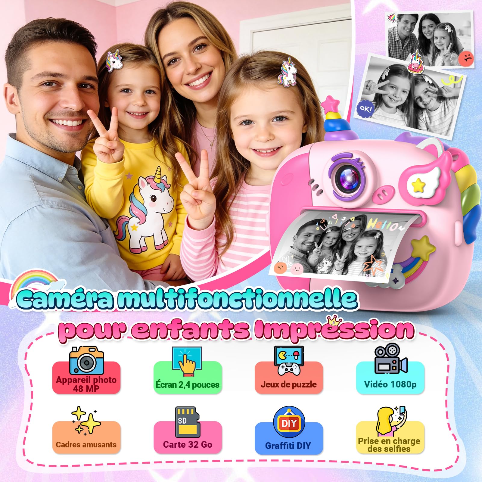 Wootoyz Macchina Fotografica Bambini Istantanea, Unicorno Regalo Bambina 3-12 Anni Fotocamera Digitale con Unicorno Giocattoli Bambina 4-10 Anni Femmina Giochi Regalo di Pasqua 48MP 1080P