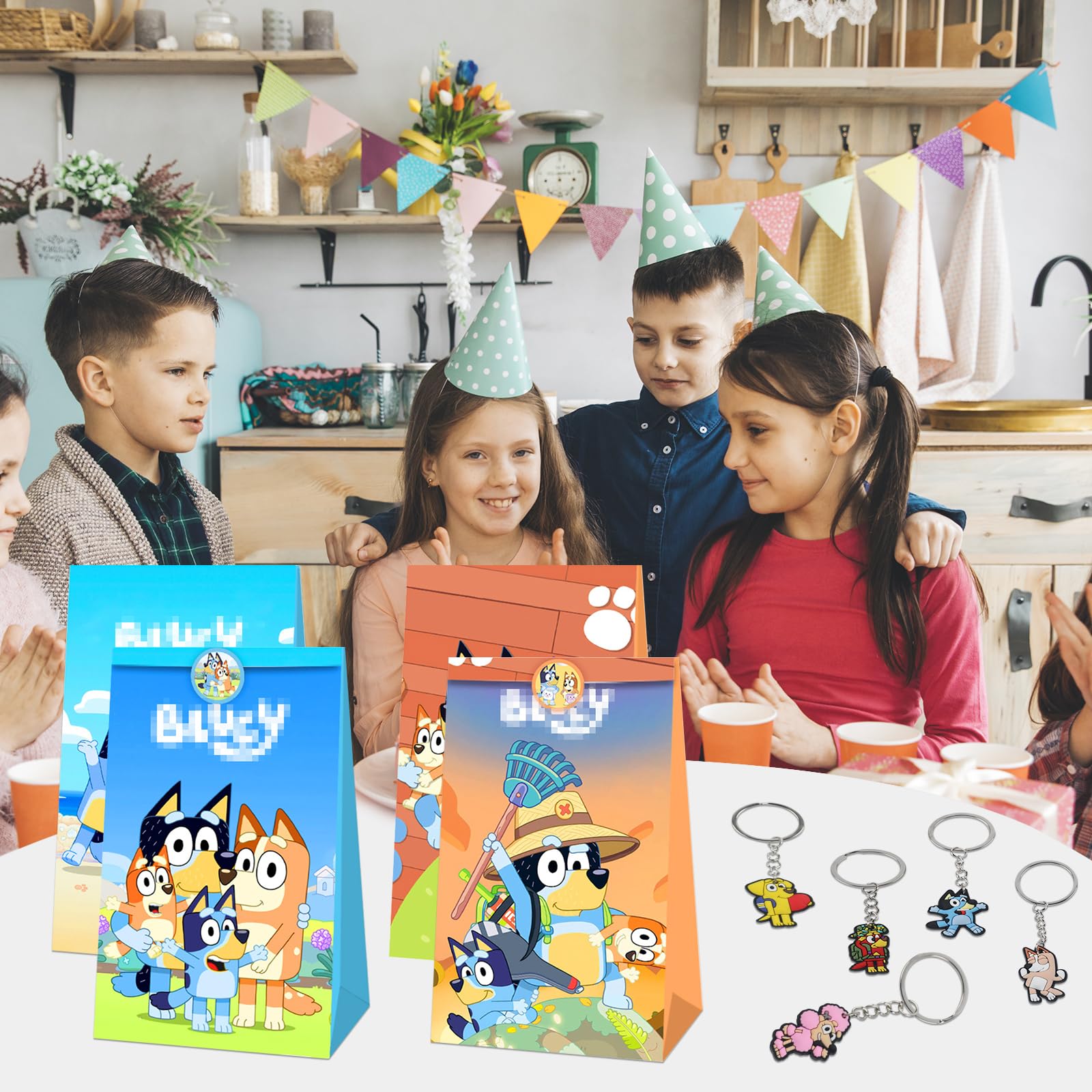 Bomboniere Bluey Per Feste - 70 Pezzi Con Portachiavi, Sacchetti E Adesivi, Per Compleanni A Tema - Foto 10
