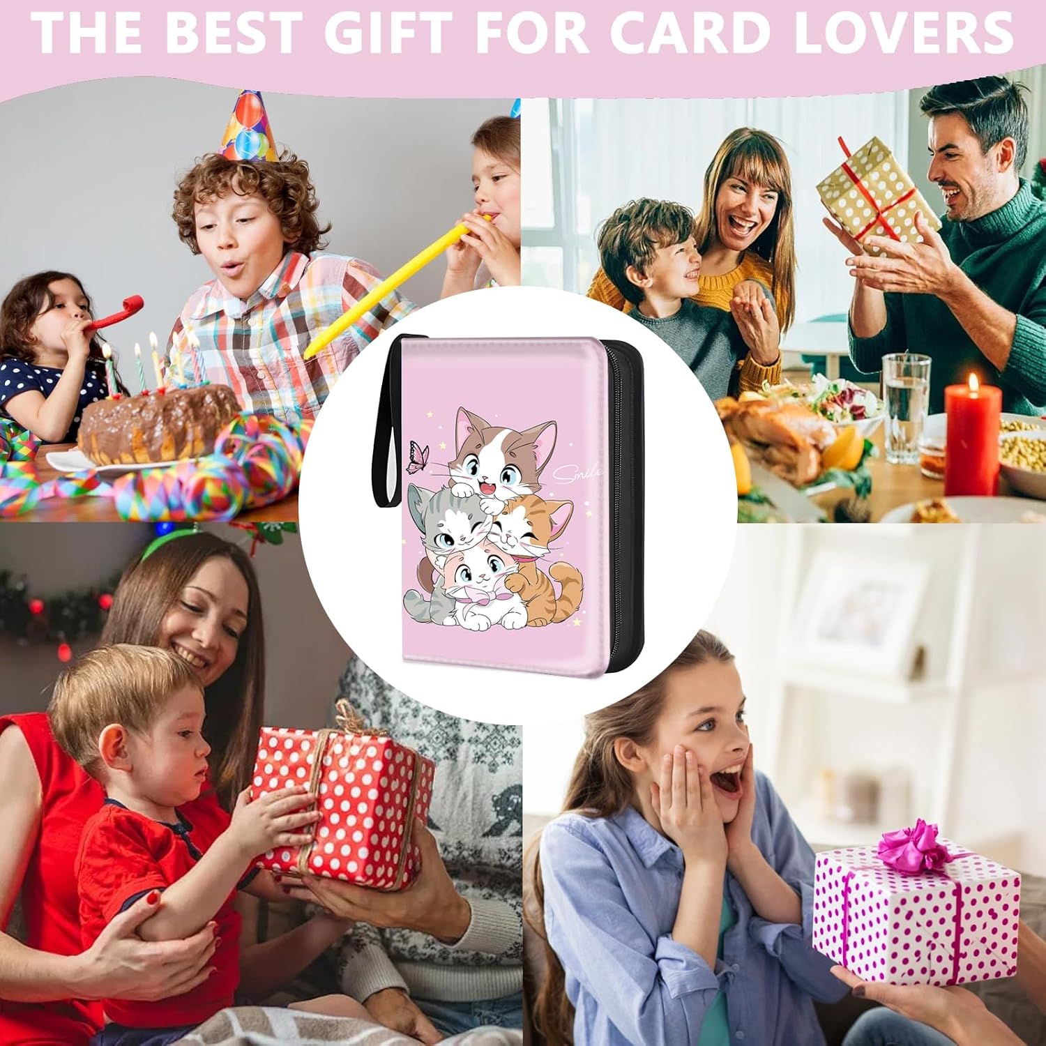 Card Binder for Girls Gifts 4 Pocket with 50 Sleeves 400 Cards Collectible Trading Binder Case Cute Album Holder Game sports collector supplier provides books、for MTG, TCG & Sport Cards(Cute 4 cats)