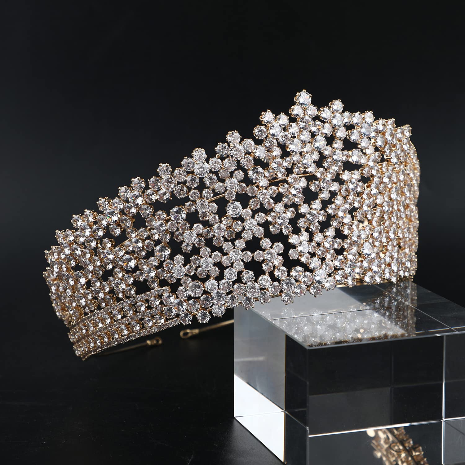 QXMYOO Tiara grande de lujo para mujer, circonita cúbica, concurso, cumpleaños, corona de reina real, tiaras altas de boda para novia, accesorios para el cabello de novia