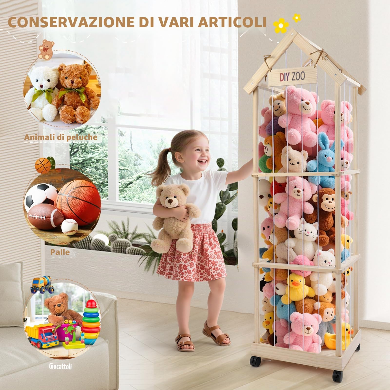 Sunowl Porta Peluche in Legno Massello, Portapeluche con Ruote Frenate a 360°,146 * 47 * 35cm, Conserva e Protegge i Peluche, per le Camere dei Bambini, le Sale Giochi, i Soggiorni, ecc.（Con tetto）
