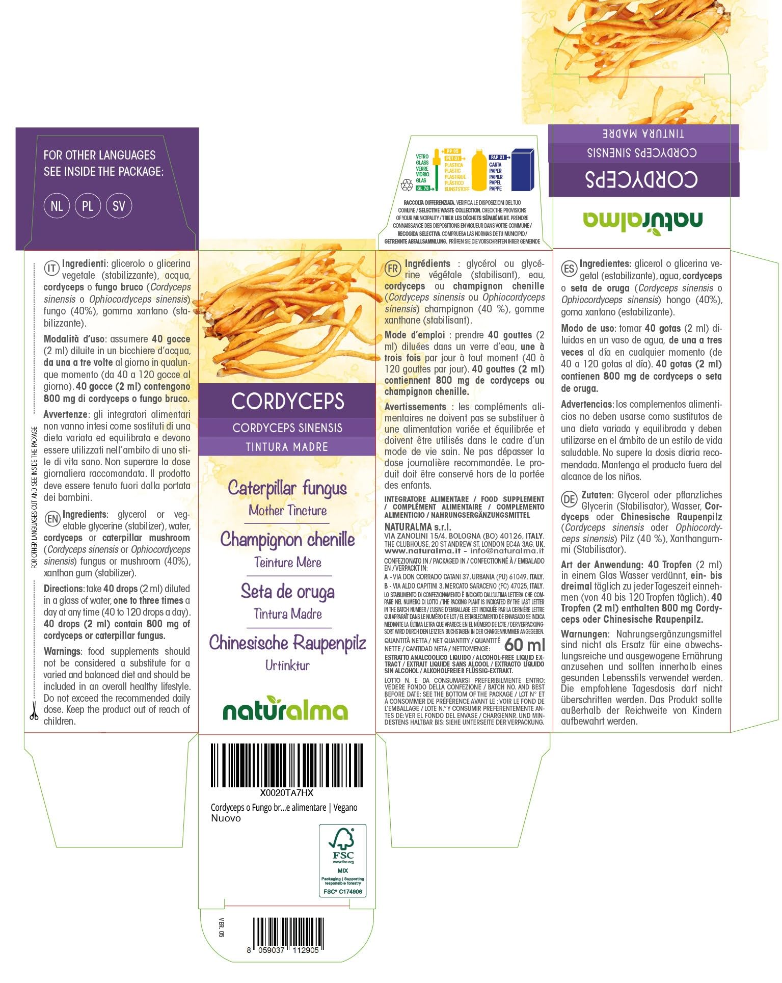 Cordyceps o Fungo bruco (Cordyceps sinensis o Ophiocordyceps sinensis) fungo Tintura Madre analcoolica Naturalma - Estratto liquido gocce 60 ml - Integratore alimentare - Vegano
