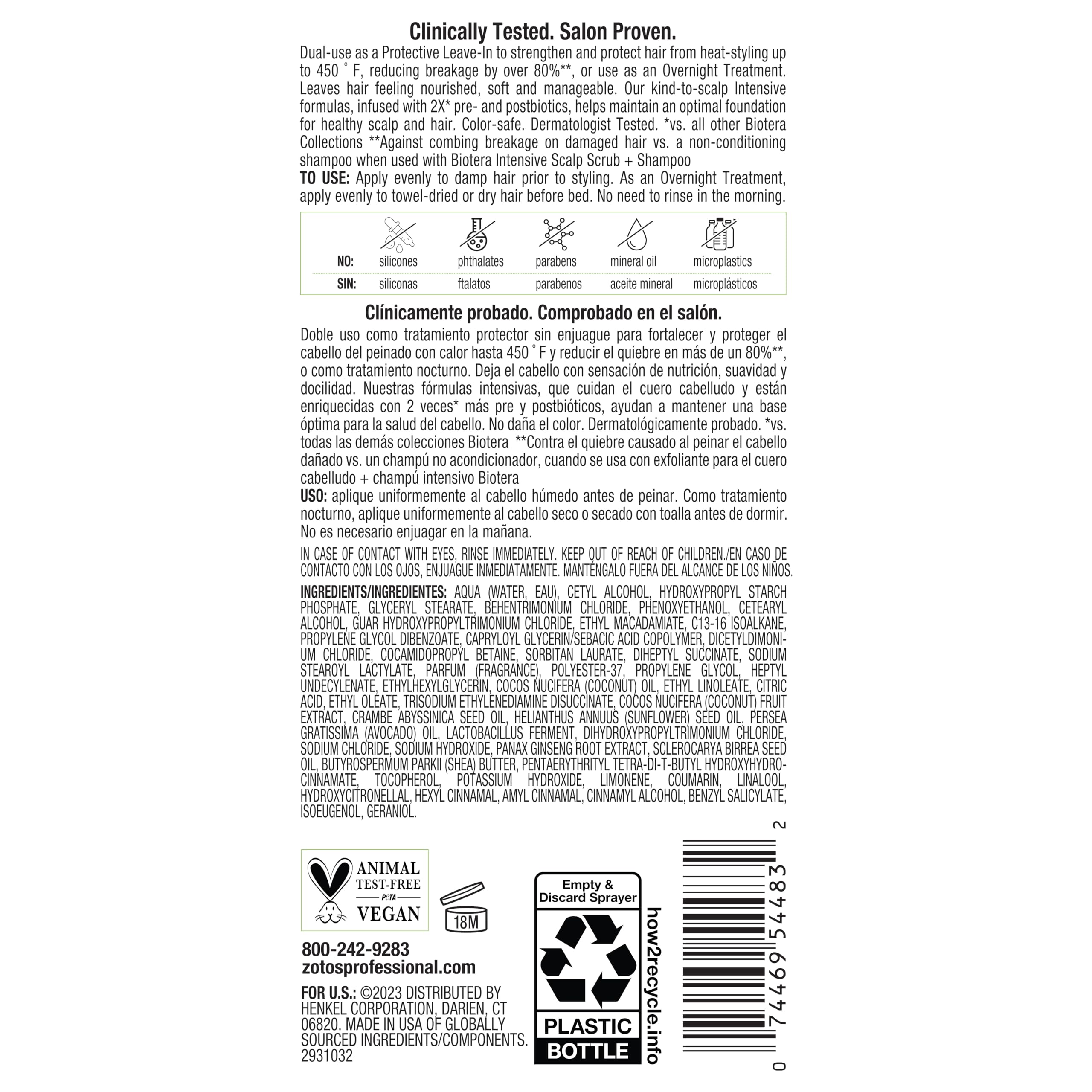 Biotera Intensives 2:1 Protective Leave-In + Overnight Treatment | Vegan & Animal Test Free | Paraben & Sulfate Free | Color-Safe | 8 Fl Oz