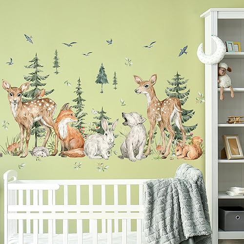 Miniatura 3 de Amaonm - 4 hojas de 12 x 36 pulgadas, calcomanías de pared de árbol de bosque gigante, bosque, ciervo, oso, conejo, zorro, ardilla, pájaros,