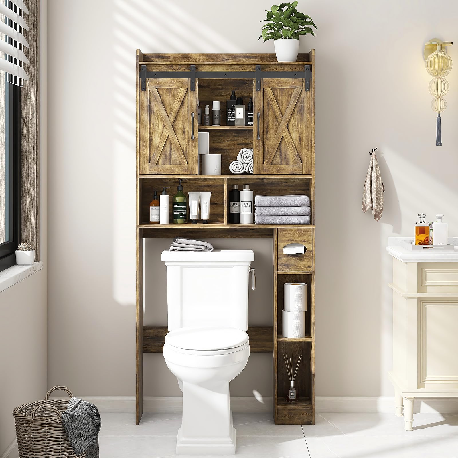 Armadietto portaoggetti sopra il WC, con 2 porte e supporto per carta igienica, salvaspazio, per bagno, bagno, lavanderia