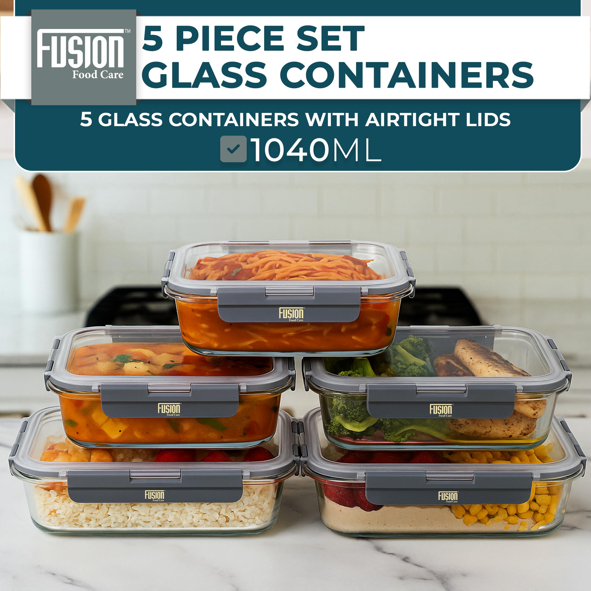 Fusion - Contenitori per alimenti con coperchi ermetici, confezione da 5, 1040 ml, in vetro, adatti per forno, microonde, congelatore e lavastoviglie, senza BPA, resistenti alle perdite