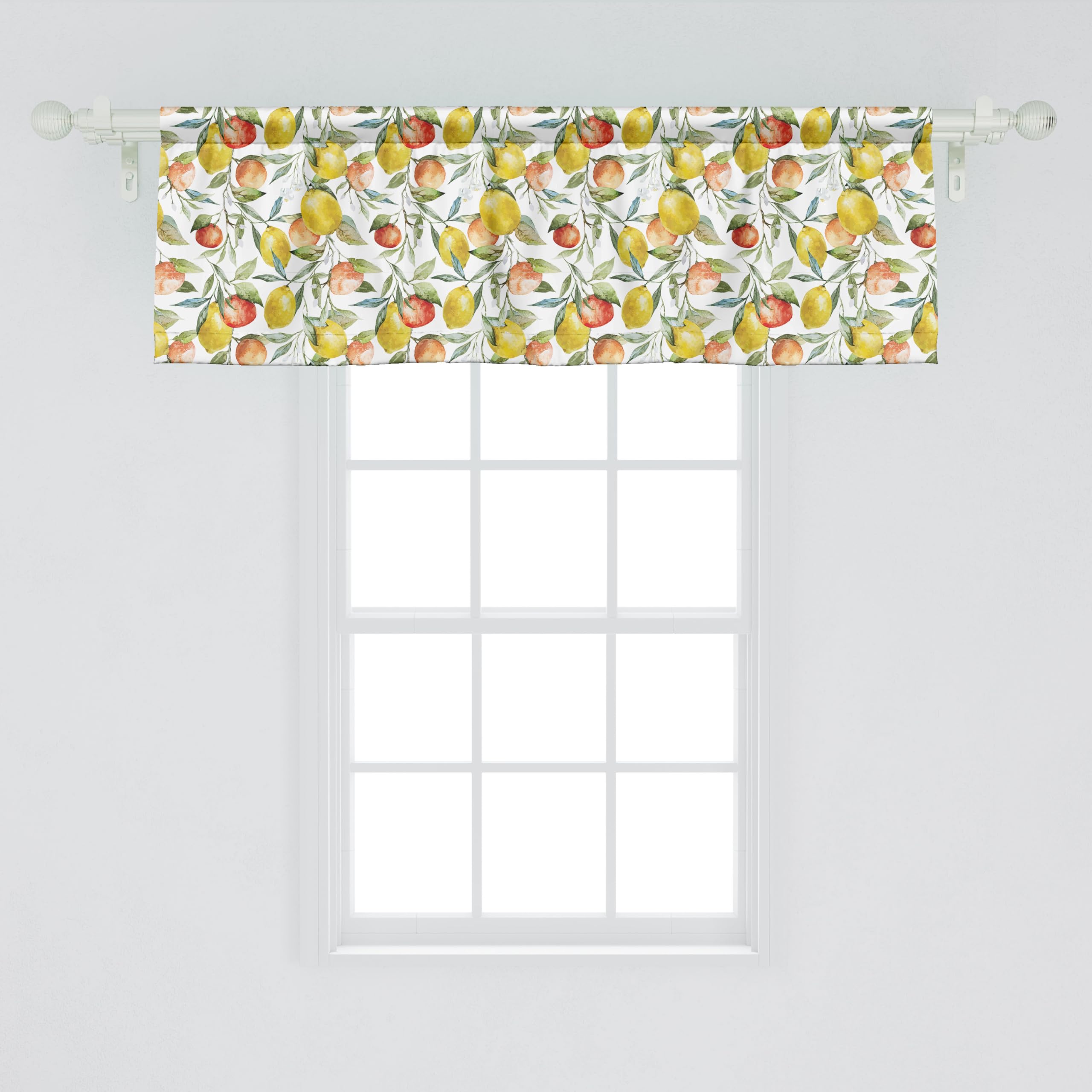 Ambesonne Nature Window Valance Pack of 2, Lemon and Orange Clementine Tree Branches Fruit Yummy Winter Season Vitamin Design, Rod Pocket Curtain Valances for Kitchen Bedroom, 54" X 18", White Yellow