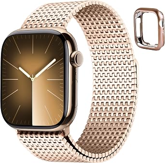 Fullmosa Compatible with Apple Watch Bands 45mm 44mm 42mm for Men Women, Stainless Steel Mesh Loop Magnetic Clasp iWatch Band with TPU Case for Apple Watch Series 9 8 7 6 5 4 3 2 1 SE3/2/1, Rose Gold