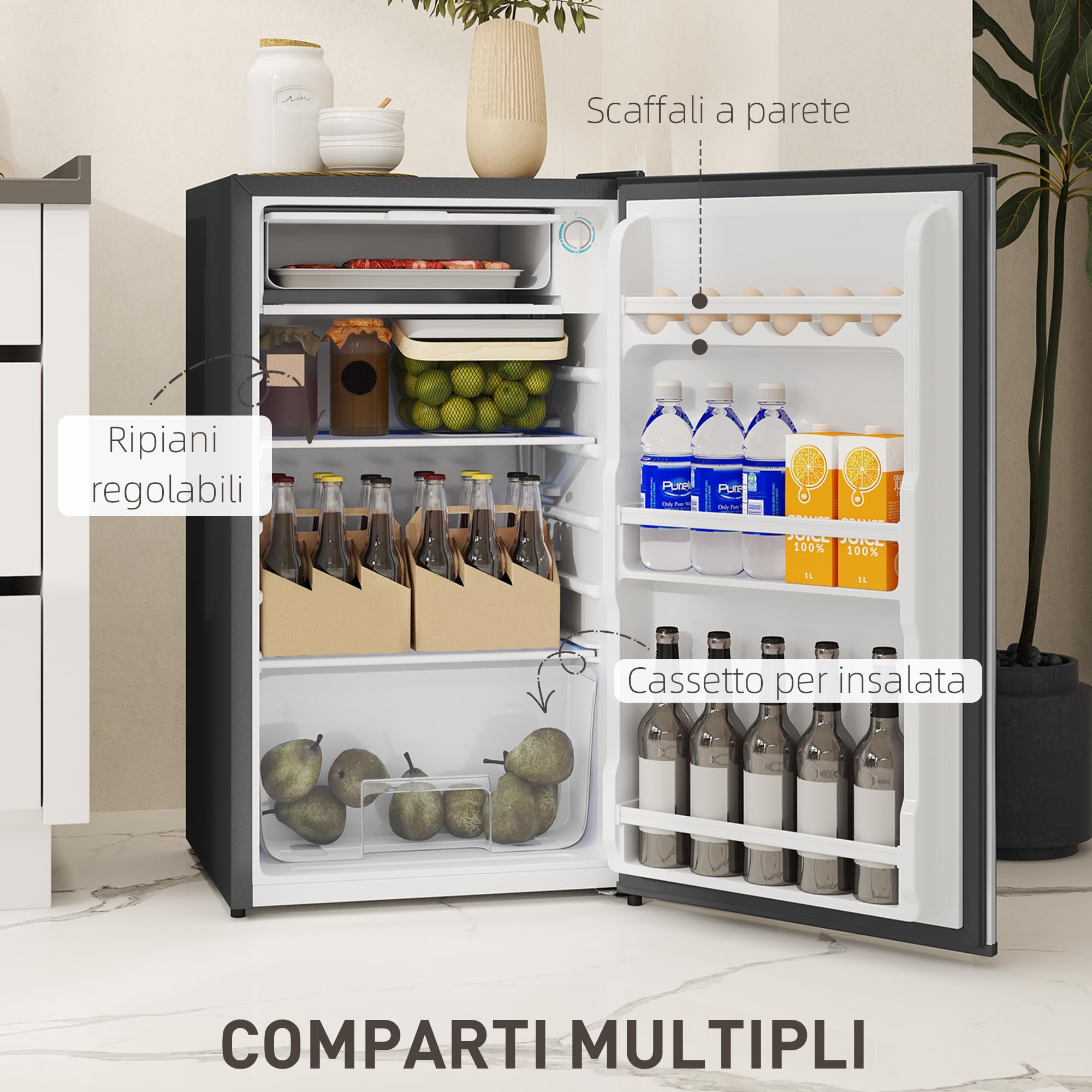 HOMCOM Frigorifero Piccolo 91L MonoPorta Reversibile con Congelatore, Mini Frigo da Camera Tavolo Silenzioso Classe E Compatto con Temperatura Regolabile 0-10 ℃, Libera Installazione, Nero