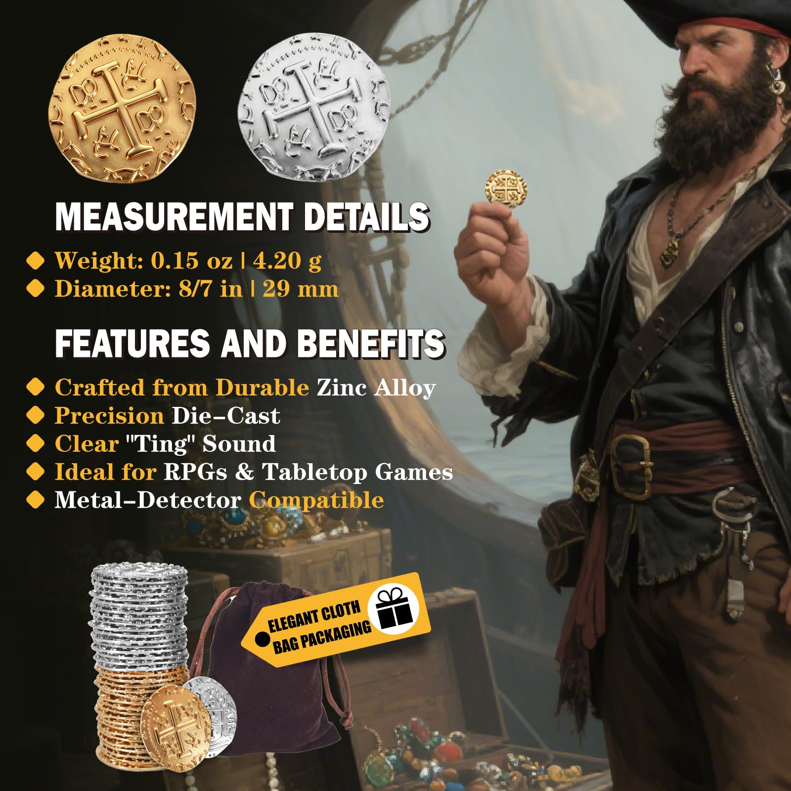 ZUCOS Piraten Münzen Zubehör,Goldmünzen-Set, Metall Goldtaler Deko Dublonen für DND Brettspiele, Cosplay, Realistische Mittelalter Geld-Imitation, Piratenschatz (Gold and Silver 102 PCS, Large)
