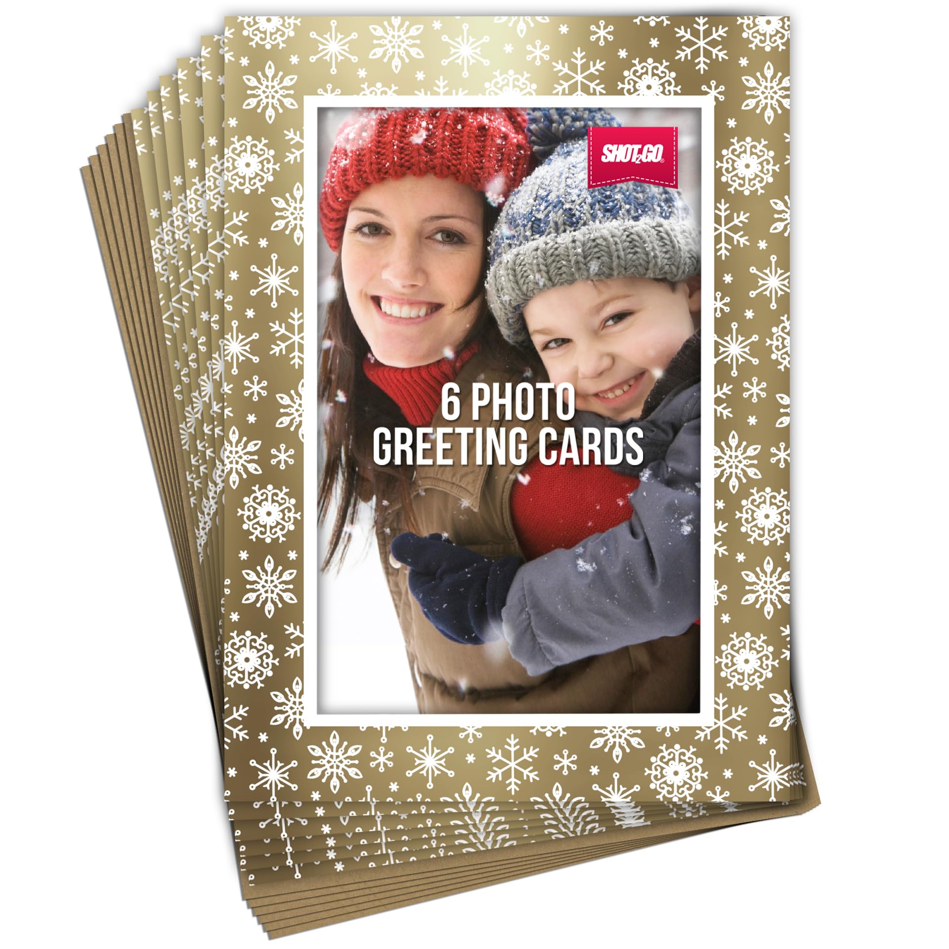 Shot2go Pack of 6 Christmas Photo Cards (Gold White Snowflake), 4X6 Inches