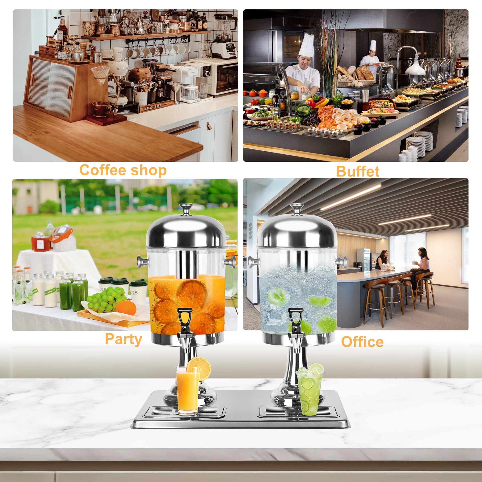 Dispenser per bevande da 4,4 galloni per feste con nucleo di ghiaccio e vaschette antigoccia, in acciaio inox Dual Catering, dispenser per bevande fredde con supporto per feste, matrimoni, buffet