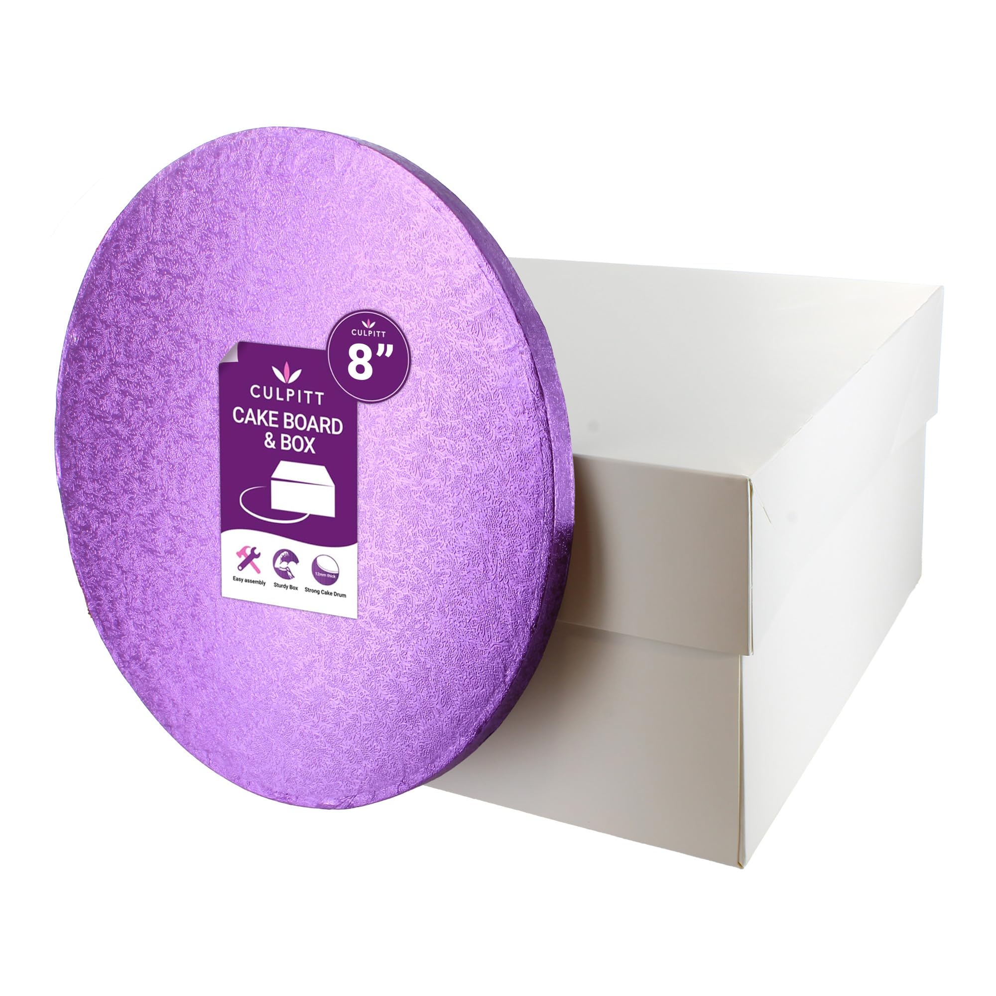 Culpitt Purple Board & Box Set | 8" (20Cm) | White Cake Box & Drum, Box And Cake Board, Storage & Transport Combo