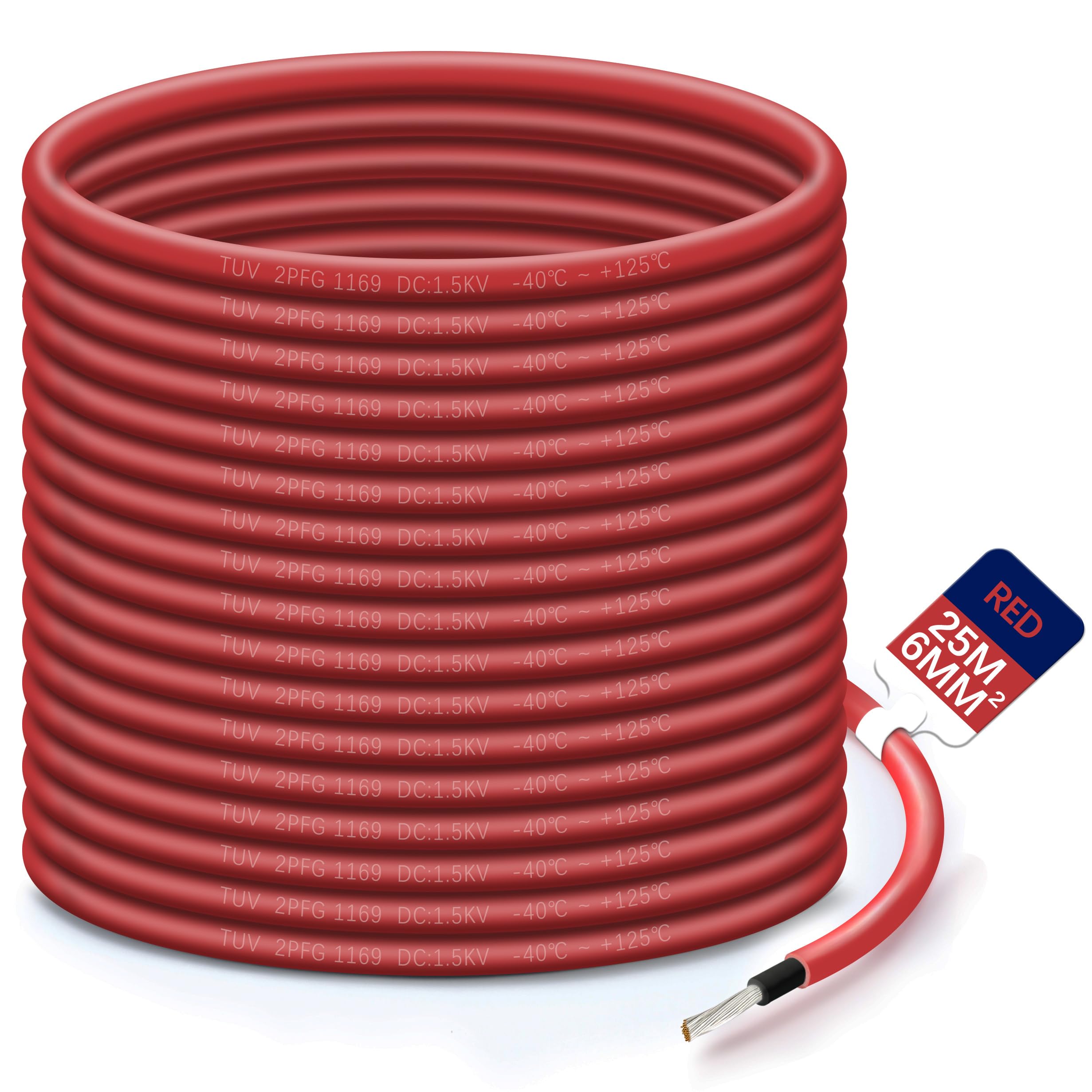 Solar Panel PV Cable DC Rated Red Black 4mm² 6mm² 10/20/35m (RED, 6mm²-25m)