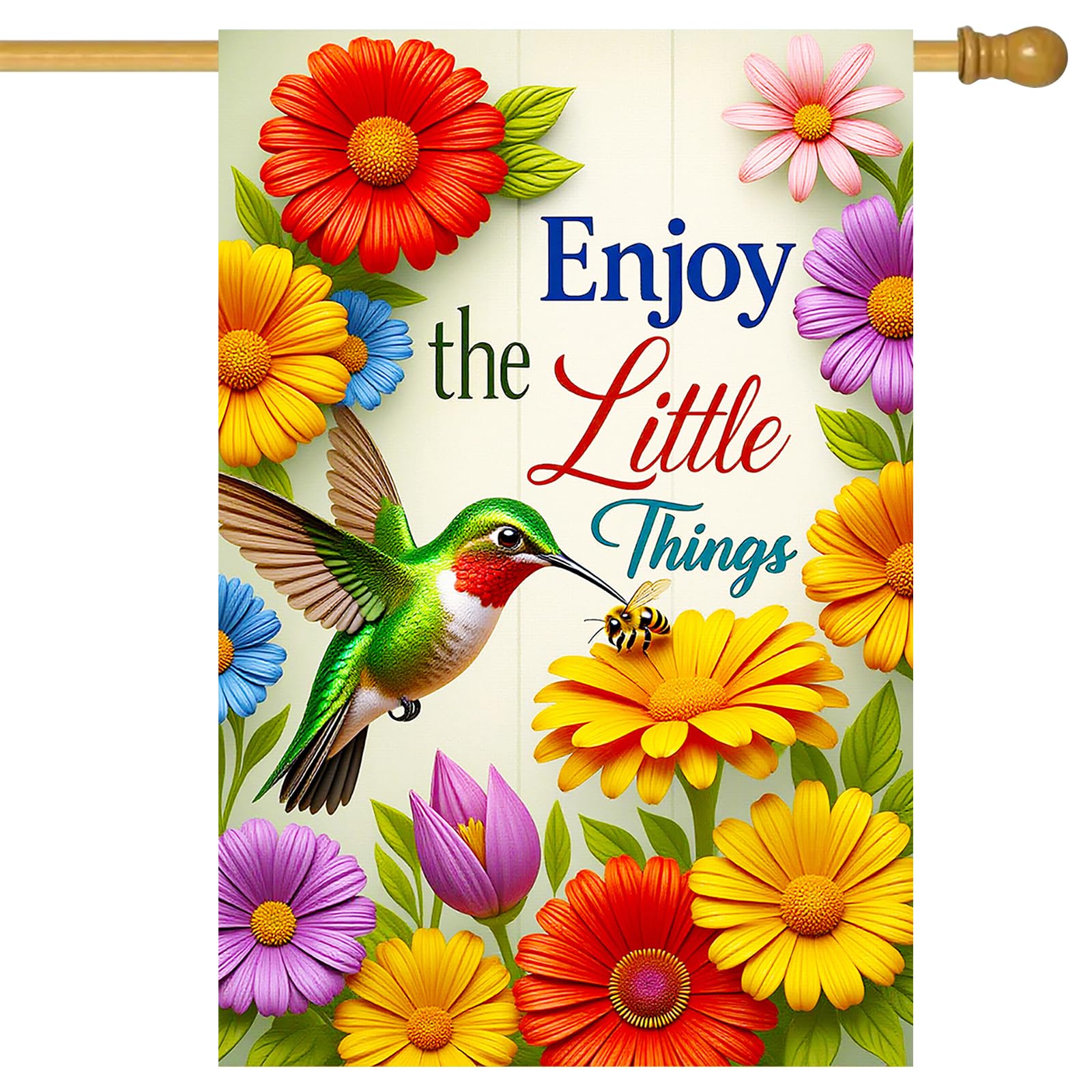 IVN Hummingbird Spring Garden Flag 28x40 Inch Enjoy the Little Things Cute Hummingbird Bee Blue Fence Scene Daisy Sunflower Pink Floral Double Sided