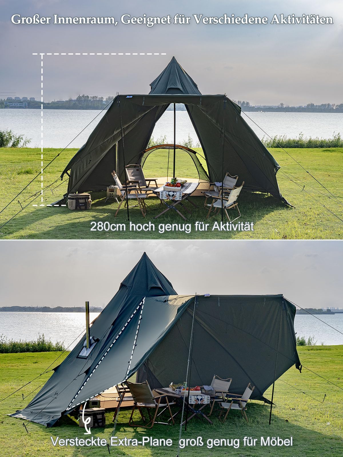 TOMOUNT Tente Tipi Indienne En Polycoton – 2,8 M De Haut, 4,15 M De Diamètre, 6-8 Places, Trou Pour Poêle, 4 Saisons, Avec Moustiquaires Et 2 Portes